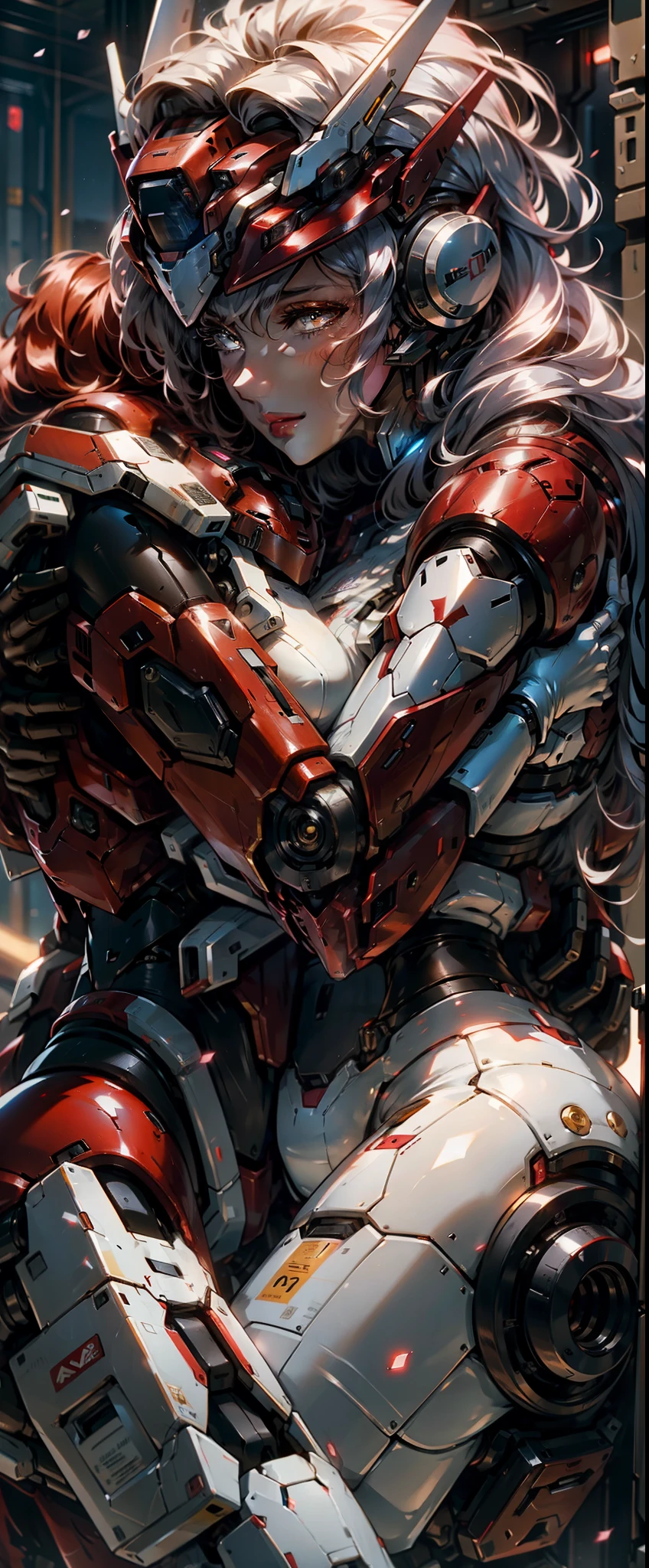 2 female mech pilot in (Red:1.4) armor hugging each other,Embrace of lovers,