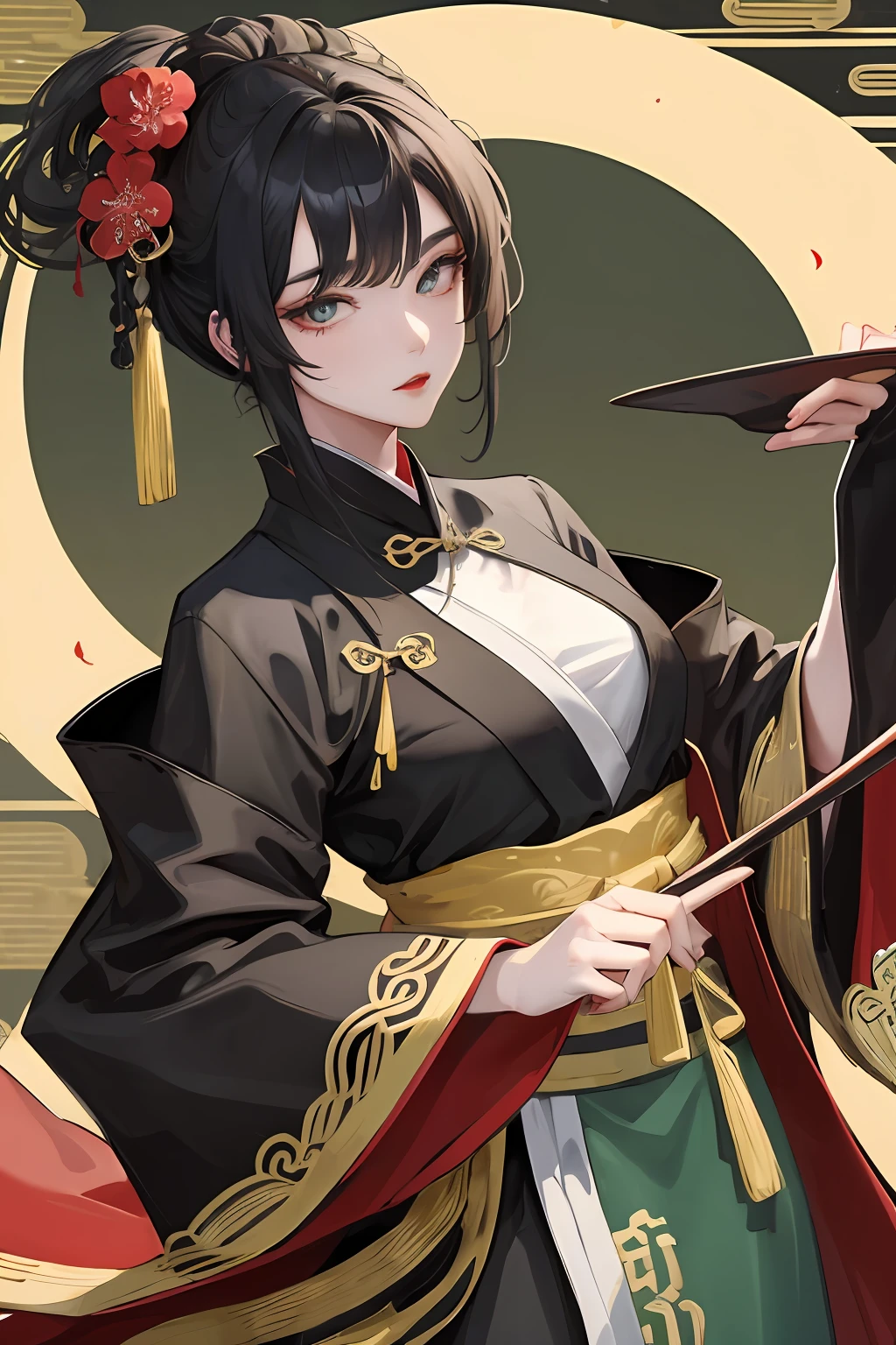 Masterpiece, Best quality, Night, full moon, 1 girl, Mature woman, Chinese style, Ancient China, sister, Royal Sister, Cold expression, Expressionless face, cabelos preto e longos, Redlip, calm, Intellectual, tribelt, blackigeyes, assassins, Black folding fan, flower ball background, Tang style green Hanfu,Clothes green,hair black