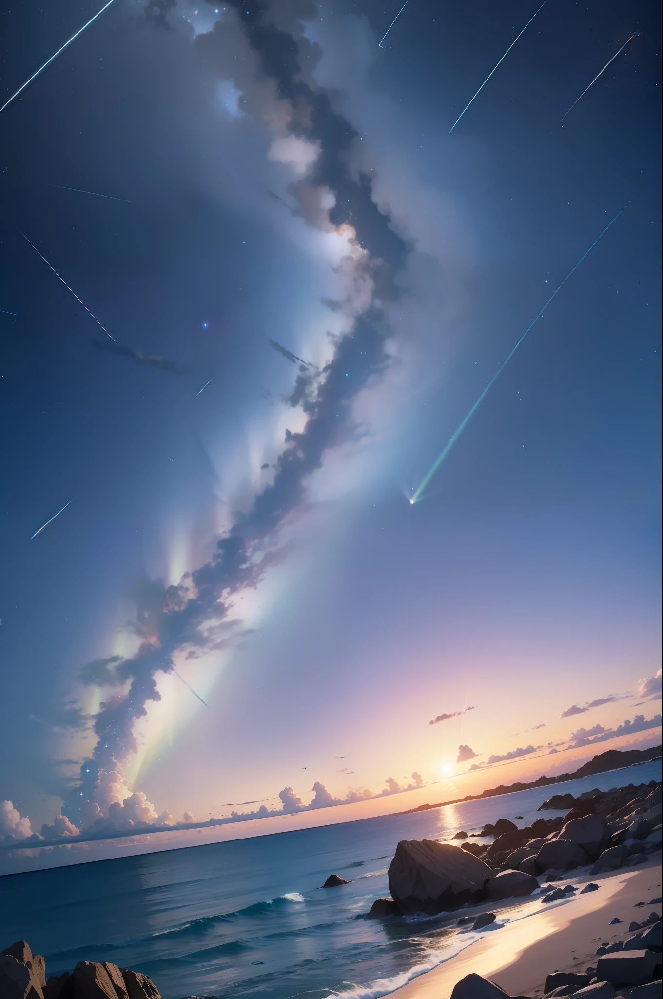 (zoom:1.1), (meteor shower:1.2), (comet:1.1), low angle, arora borealis, shooting star, top quality, masterpiece, clouds, colorful, southeast Asian beach, summer, seascape, small islands