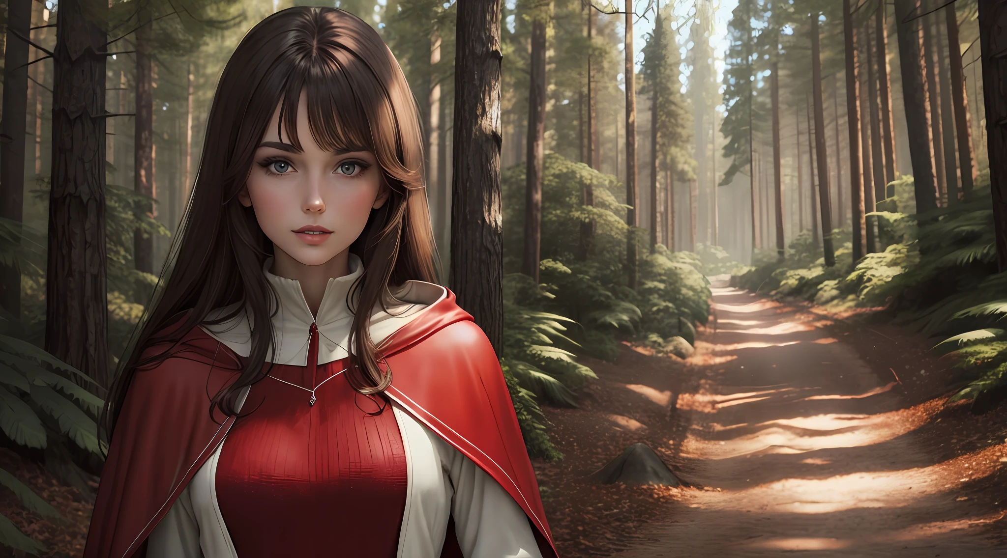 Brunette girl in red cape,at a forest,full bodyesbian,Lateral face,side looking