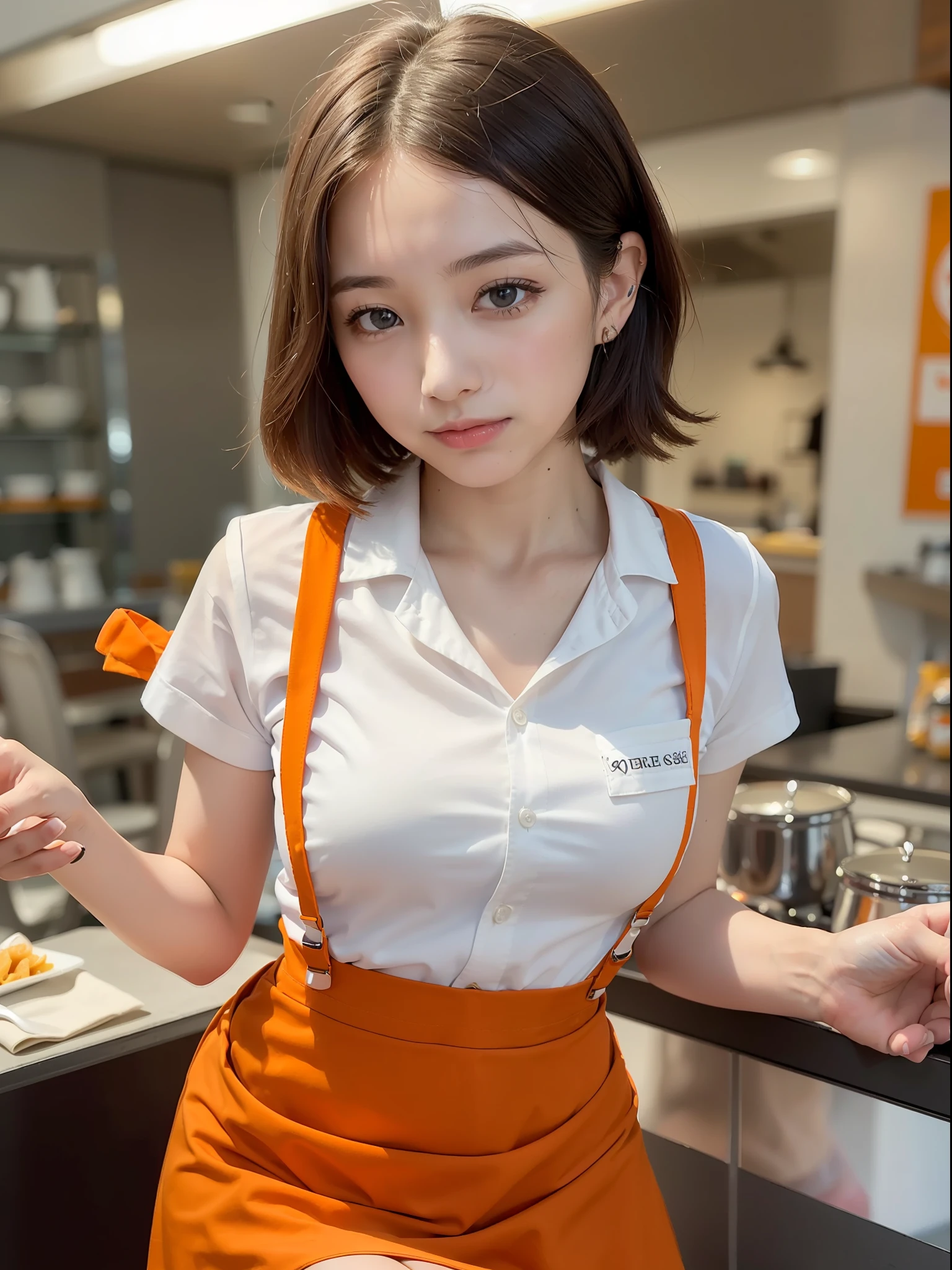 ((of the highest quality, 8K, masutepiece: 1.3, Raw photo)), Sharp Focus: 1.2, (1 AESPA Girl :1.1), (Solo: 1.2), (Realistic, Photorealistic: 1.37), (Face Focus: 1.1), Cute face, hyper detailed face, Small breasts, flat chest, Short messy hair, Small Smile, (orange Family Restaurant Uniforms:1.2), (orange suspender skirt:1.4), (orange apron:1.2), (orange high-waist skirt:1.3), (apron over orange skirt:1.3), (white shirt:1.2), button gap, short sleeves, name tag, cafe,