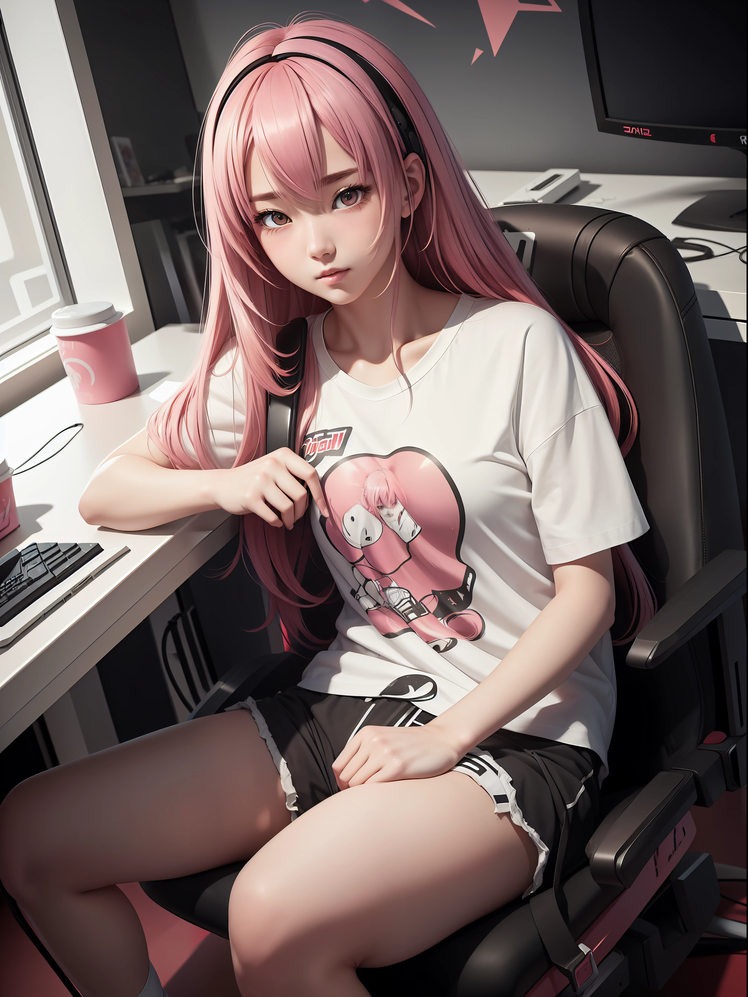 (masterpiece), (best quality), (ultra detailed),(disheveled hair),(illustration), (realistic), beautiful and cute gamer girl with white and smooth skin, thin body, red cheeks, elegant, pink hair, The gaming room, sitting on a gaming chair,wearing e-sport t-shirts, wearing shorts, Asian girl.
