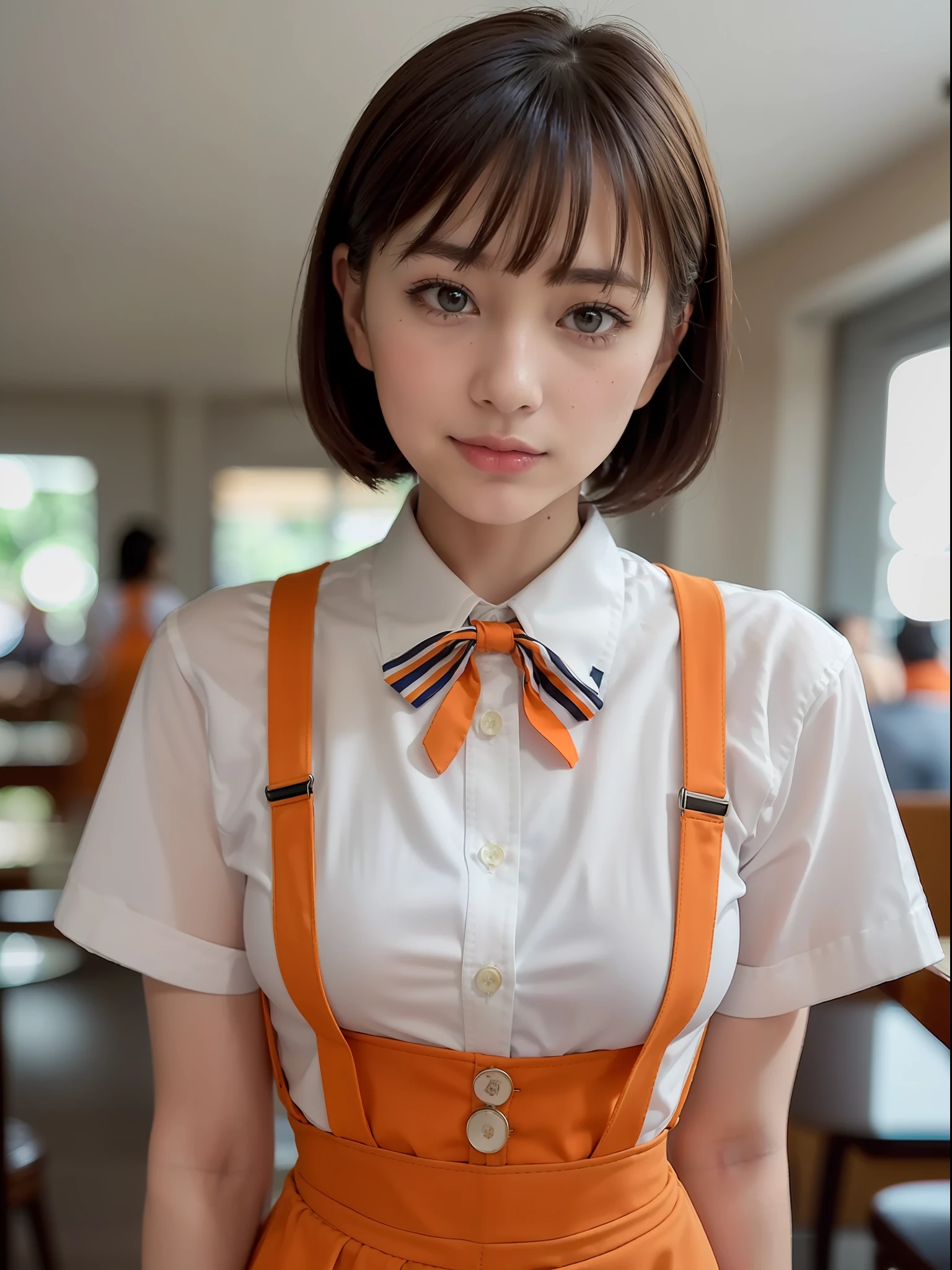 ((of the highest quality, 8K, masutepiece: 1.3, Raw photo)), Sharp Focus: 1.2, (1 AESPA Girl :1.1), (Solo: 1.2), (Realistic, Photorealistic: 1.37), (Face Focus: 1.1), Cute face, hyper detailed face, Small breasts, flat chest, Short messy hair, Small Smile, (orange Family Restaurant Uniforms:1.2), (orange suspender skirt:1.4), (orange apron:1.2), (orange high-waist skirt:1.3), (apron over orange skirt:1.3), (white shirt:1.2), button gap, short sleeves, name tag, cafe,