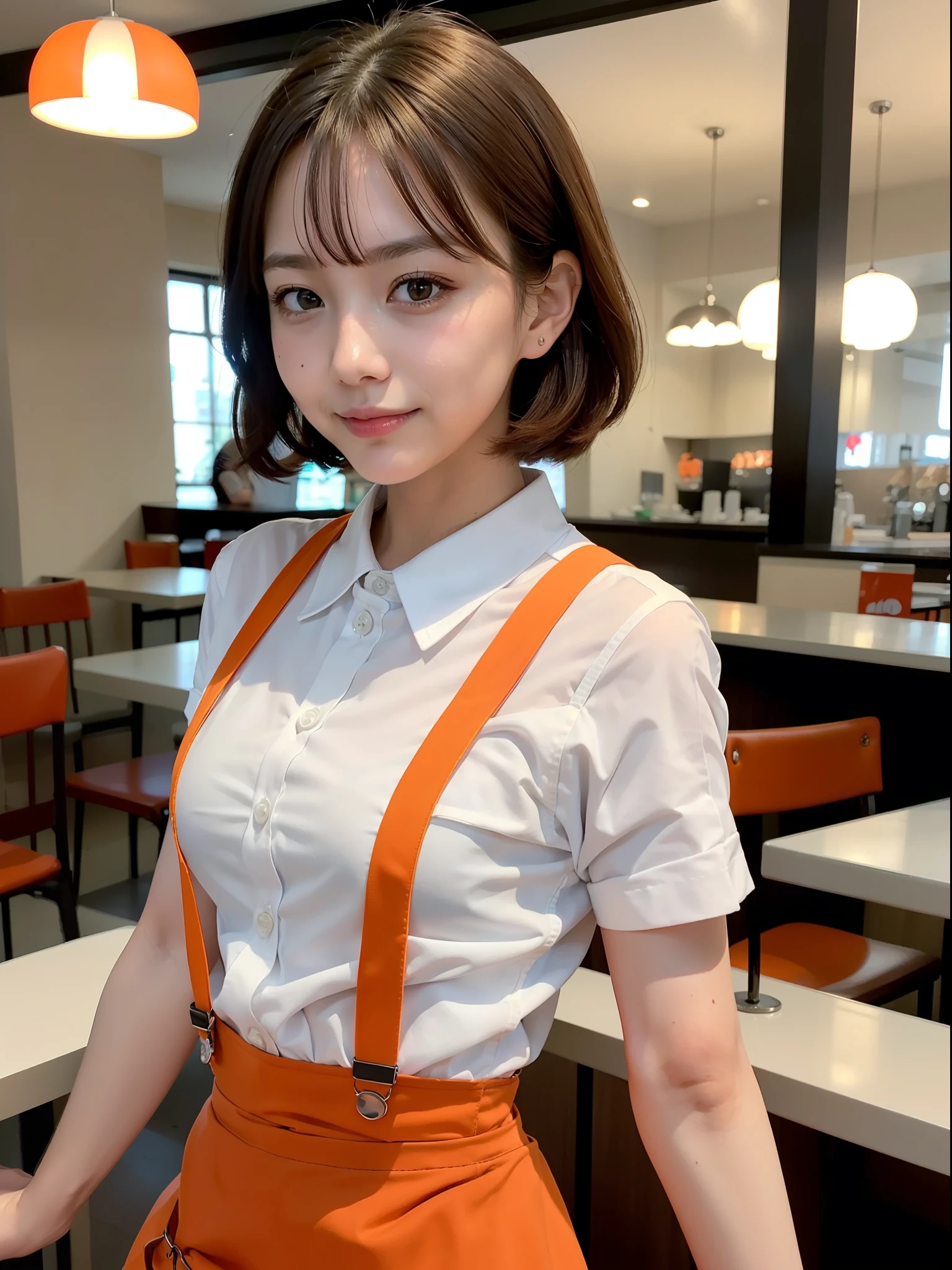 ((of the highest quality, 8K, masutepiece: 1.3, Raw photo)), Sharp Focus: 1.2, (1 AESPA Girl :1.1), (Solo: 1.2), (Realistic, Photorealistic: 1.37), (Face Focus: 1.1), Cute face, hyper detailed face, Small breasts, flat chest, Short messy hair, Small Smile, (orange Family Restaurant Uniforms:1.2), (orange suspender skirt:1.4), (orange apron:1.2), (orange high-waist skirt:1.3), (apron over orange skirt:1.3), (white shirt:1.2), button gap, short sleeves, name tag, cafe