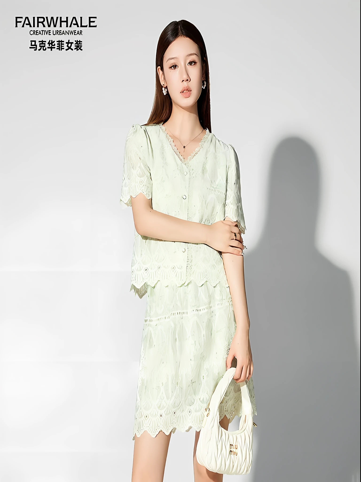 Aalfel ladies summer dress V - neck short sleeve lace dress, fairylike, sea - green and white clothes, white lace clothing, korean women's fashion model, Femme, Official product image, Adorable, Light green dress, Official, casual green clothing, woman model, F 2 0, Short sleeves, official photo, Fake, advertisement picture, luxury fashion