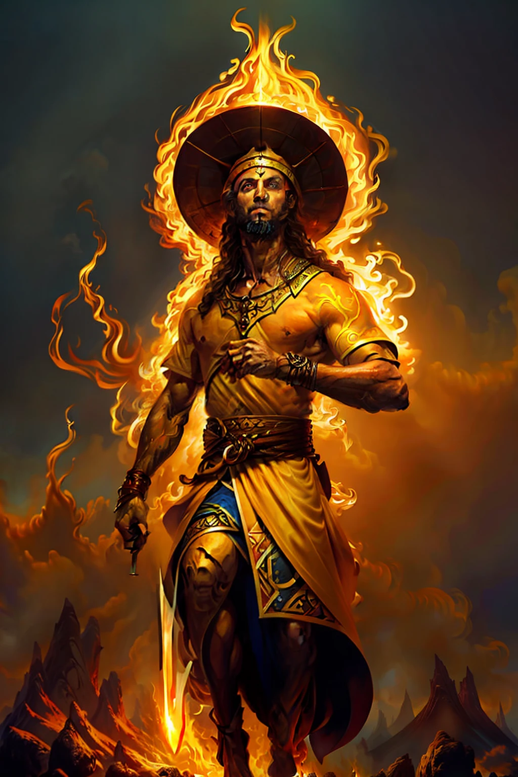 Alta qualidade, 4k, alta resolução. Deus do fogo, guerreiro imponente, flames dancing in his eyes, aura de fogo envolvendo seu corpo; carries a flaming spear; pele dourada, cabelo feito de chamas. serious face, frontal.