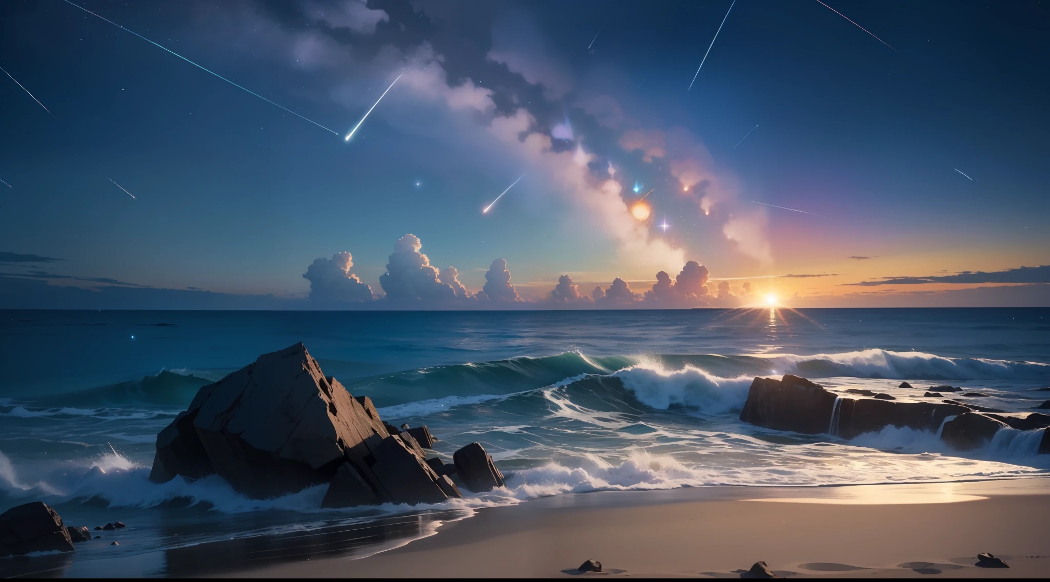 (zoom:1.1), (meteor shower:1.2), (comet:1.1), low angle, arora borealis, shooting star, top quality, masterpiece, clouds, colorful, southeast Asian beach, summer, seascape, small islands