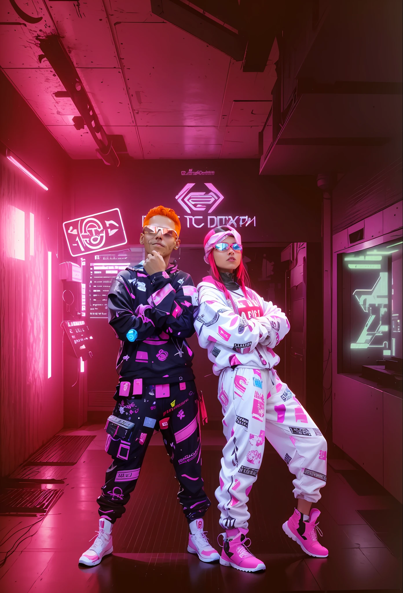 ((melhor qualidade)), ((obra-prima)), (muito detalhado:1.3), ....3d, majo (Cyberpunk:1.3) Hacker feminino e masculino, cabelos grossos, seios semi-expostos, terminais de computador operacionais, servidores de computador, telas LCD, fibre optic cables, Logotipos corporativos, HDR (high dynamic range), ray tracing, NVIDIA RTX, super resolution, Unreal 5, espalhamento subsuperficial, Texturas PBR, Post-processing, anisotropic filtering, profundidade de campo, Maximum Sharpness and Sharpness, texturas multicamadas, Mapeamento especular e de albedo, surface shading, Precise simulation of light-material interactions, perfectly proportions, octane rendering, Duotone Lighting, ISO baixo, white-balance, rule of thirds, ampla abertura, 8K BRUTO, high efficiency subpixels, Subpixel convolution, glow particles,