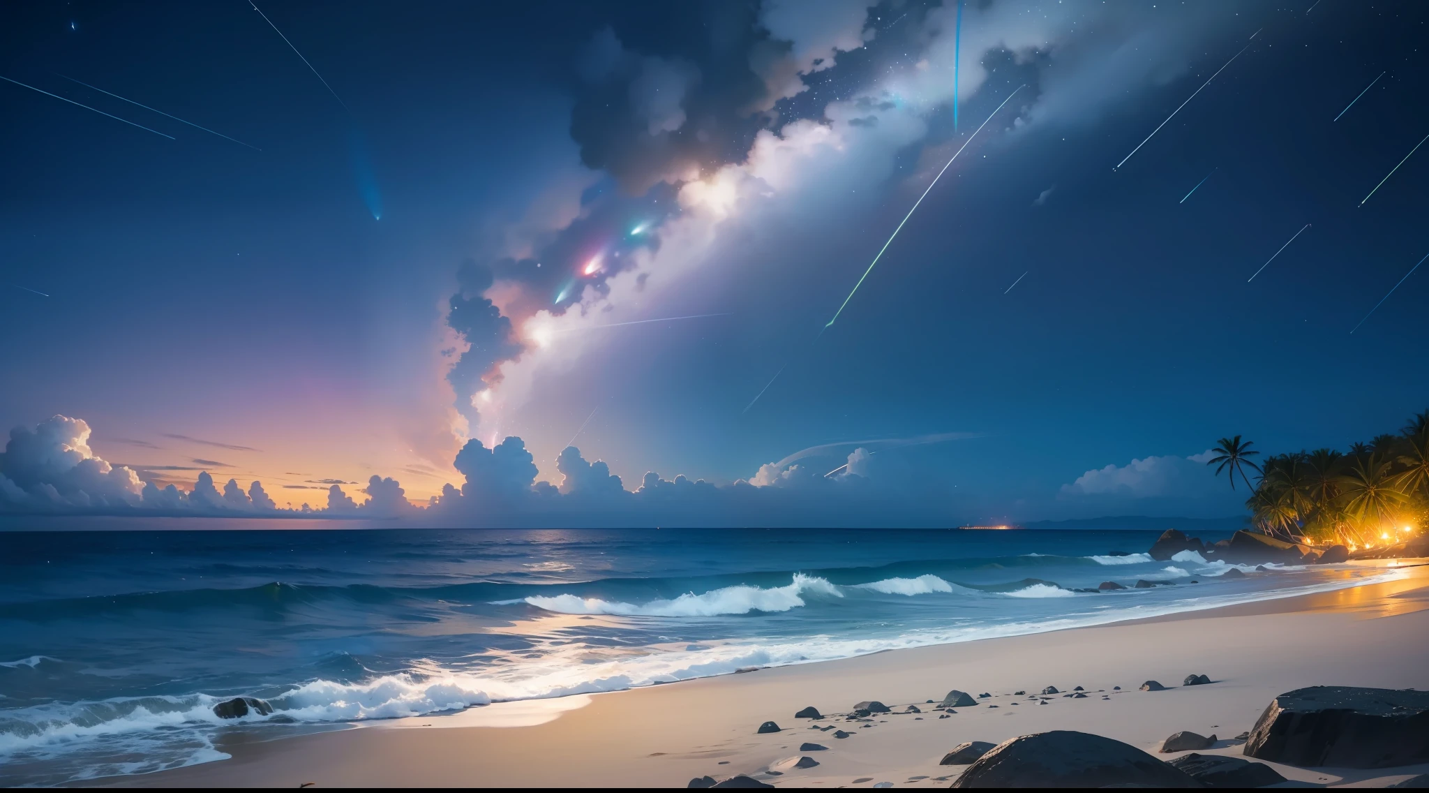 (zoom:1.1), (meteor shower:1.2), (comet:1.1), low angle, arora borealis, shooting star, top quality, masterpiece, clouds, colorful, southeast Asian beach, summer, seascape, small islands