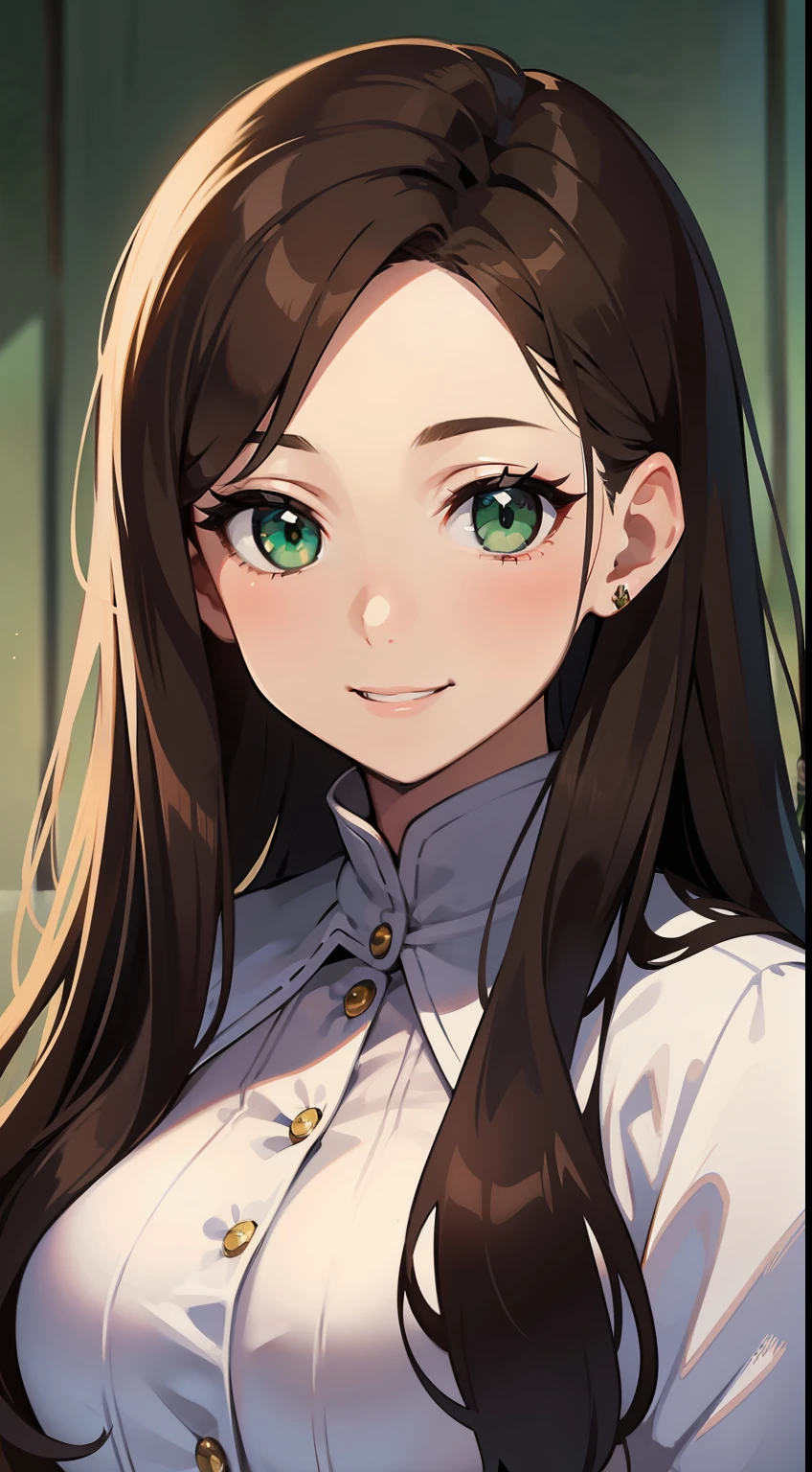 Adult woman, Long brown hair, Green eyes, White formal wear, pomade, Smile, Masterpiece, hiquality
