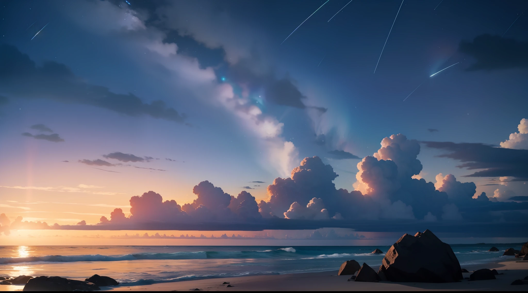 (zoom:1.1), (meteor shower:1.2), (comet:1.1), low angle, arora borealis, shooting star, top quality, masterpiece, clouds, colorful, southeast Asian beach, summer, seascape, small islands