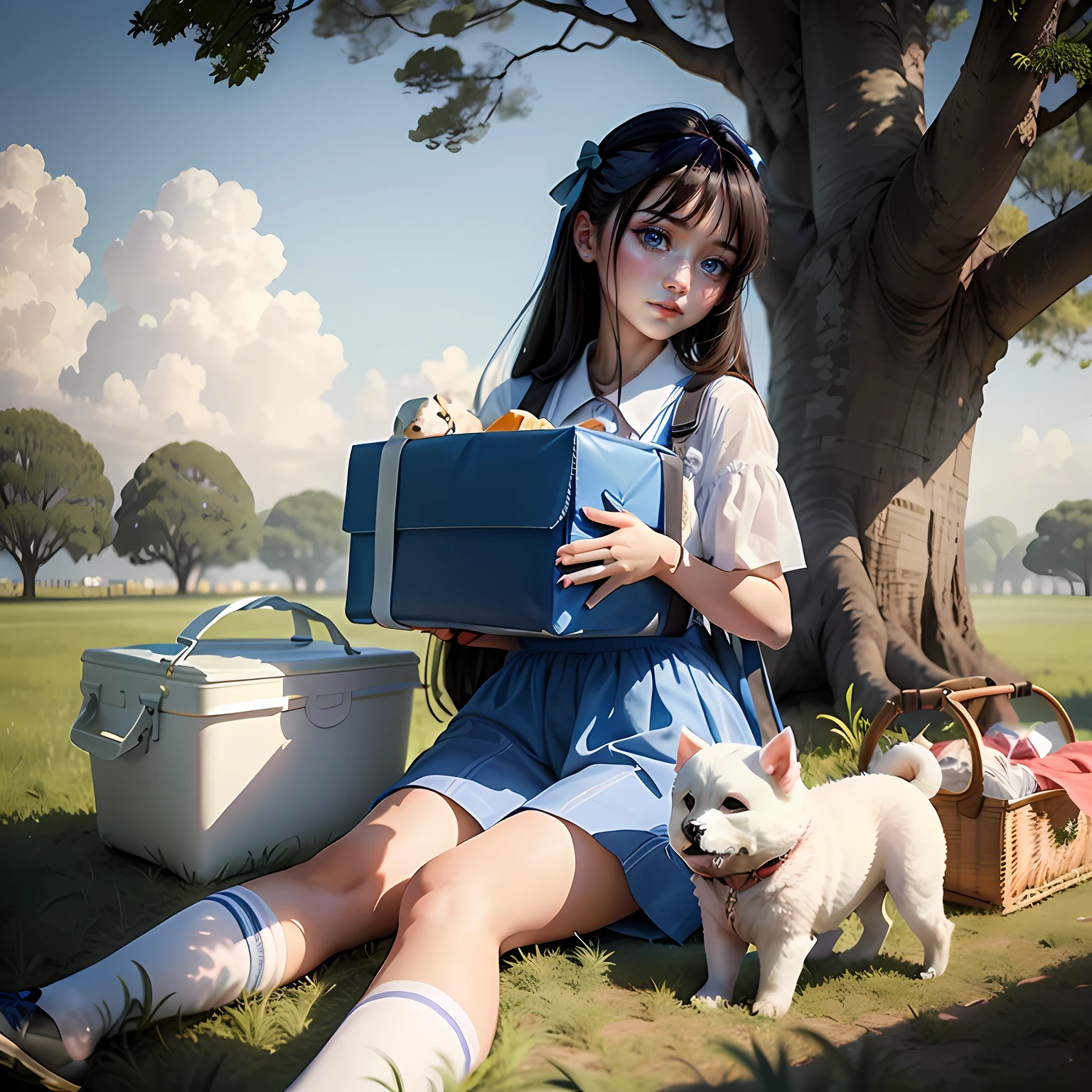 blue-sky，baiyun，grassy fields，Picnic cloth，A girl sits on a picnic cloth，There was a lot of good food，There is a white puppy，There is a big tree，Finally there is a handsome boy，tmasterpiece