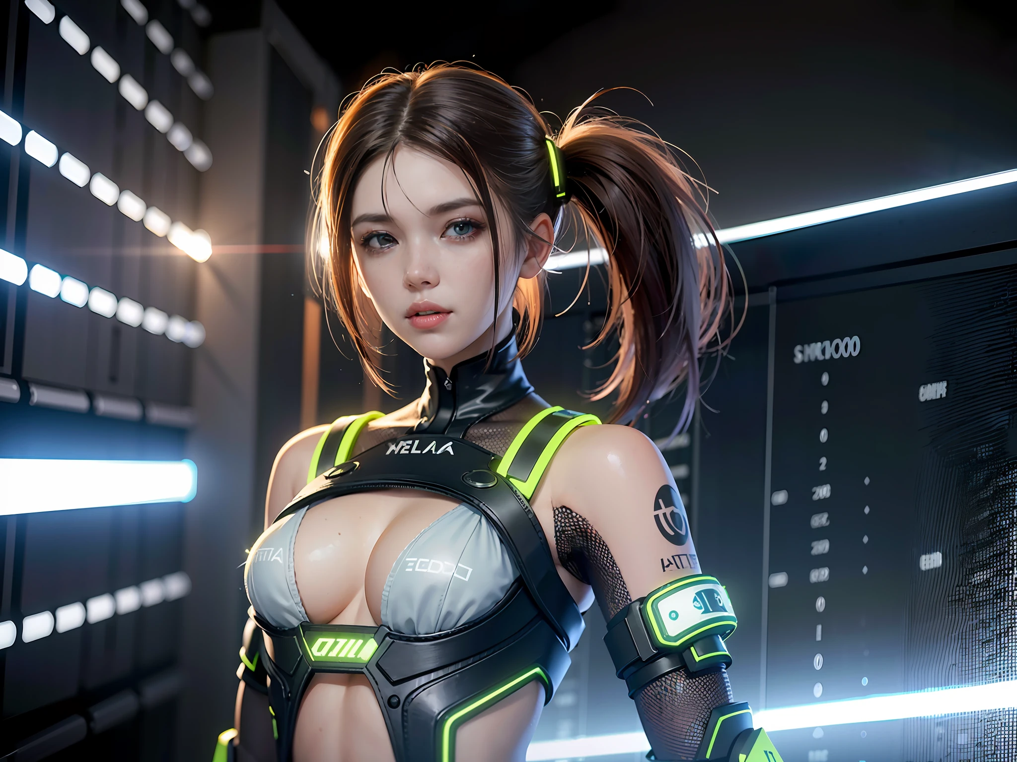 ((Melhor qualidade)), ((obra-prima)), (altamente detalhado:1.3), 3D, bela (cyberpunk:1.3) hacker mulher com cabelo volumoso grosso operando um terminal de computador, servidores de computador, telas LCD, fibre optic cables, logotipos corporativos, HDR (High Dynamic Range), Ray Tracing, NVIDIA RTX, Super-Resolution, Unreal 5, Subsurface scattering, PBR Texturing, Post-processing, anisotropic filtering, Profundidade de campo, Maximum clarity and sharpness, Texturas multicamadas, Albedo e mapas especulares, surface shading, Accurate simulation of light-material interaction, perfectly proportions, Octane Render, dual-tone lighting, ISO baixo, white-balance, rule of thirds, ampla aperature, 8K RAW, eficiente sub-pixel, sub-pixel convolution, luminescent particles, ((( corpo completo )))