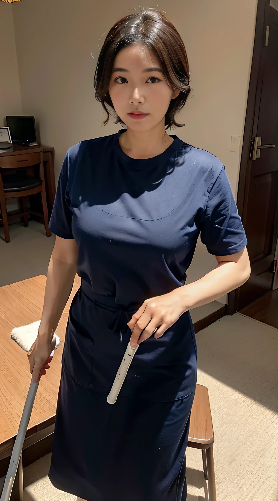 1pc(50-year-old middle-aged Chinese woman)Mopping with a mop,Housewear,aprons,in living room,desks,sofe,sface focus,looks into camera