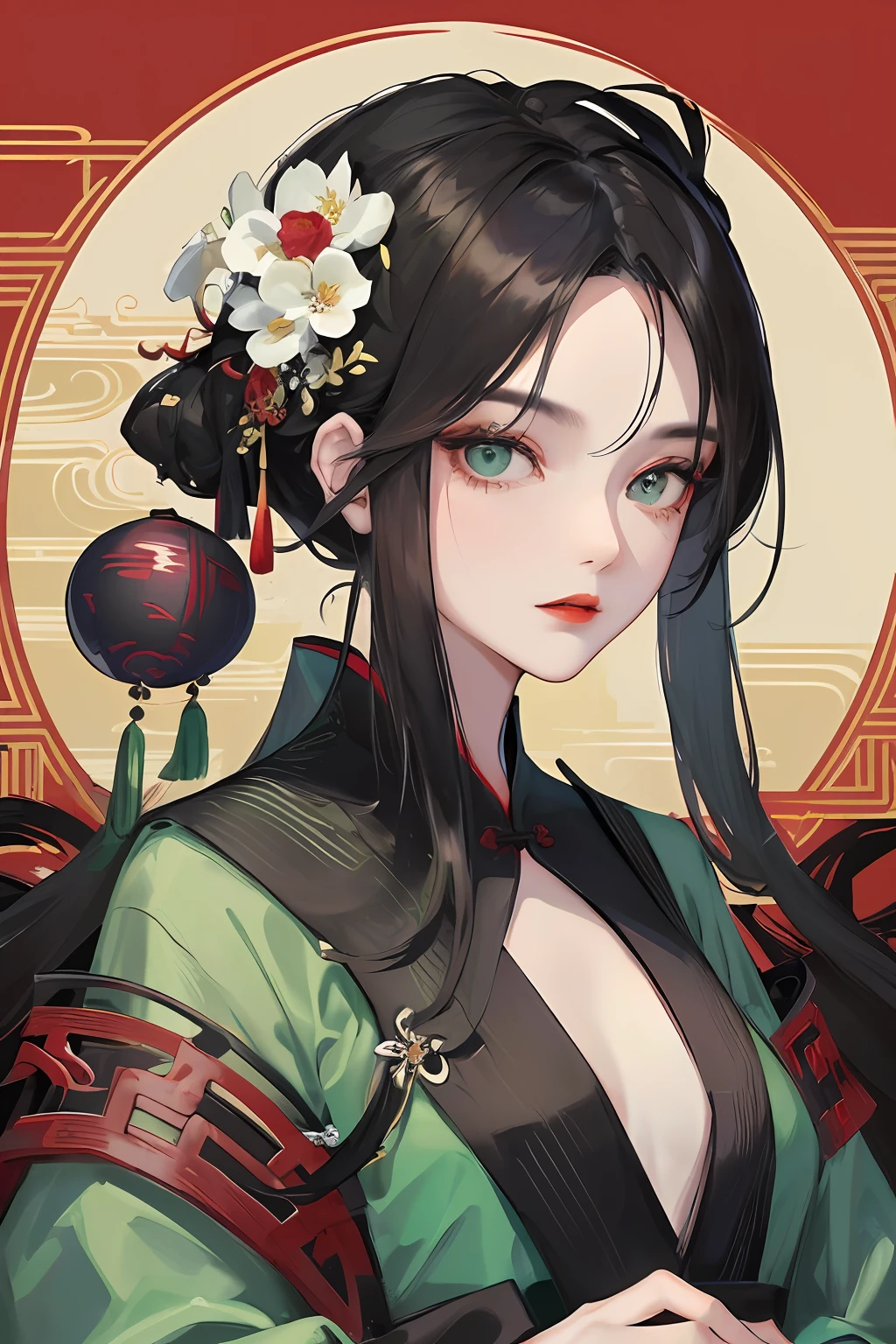 Masterpiece, Best quality, Night, full moon, 1 girl, Mature woman, Chinese style, Ancient China, sister, Royal Sister, Cold expression, Expressionless face, cabelos preto e longos, Redlip, calm, Intellectual, tribelt, blackigeyes, assassins, flower ball background, Tang style green Hanfu,Green clothes,hair black