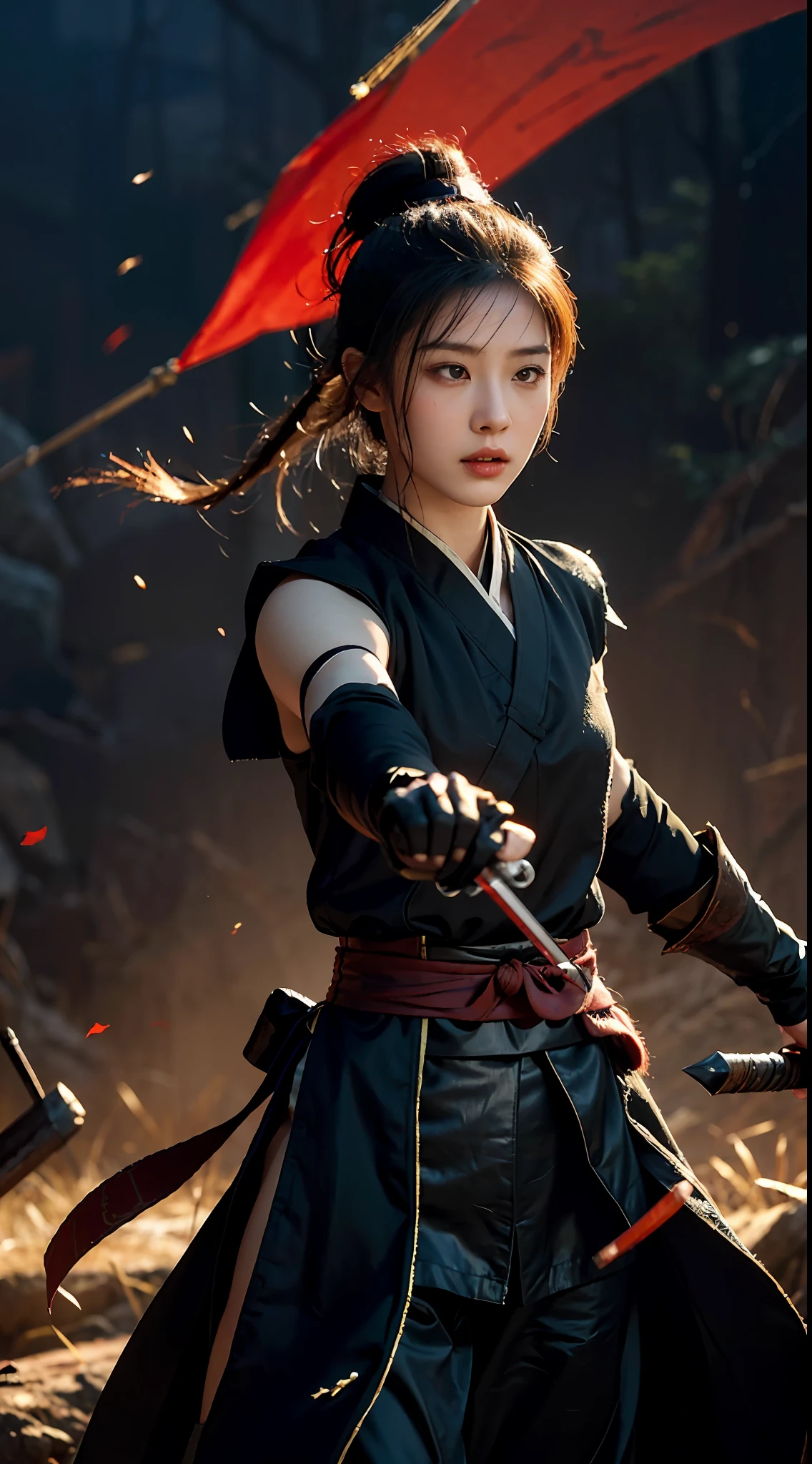 (In the dark: 1), (Best quality), (Realisticity: 1), Movie poster, realistic skin texture, highly detailed, 8k wallpaper, volumetric lighting, dynamic lighting, a girl, long black ponytail hair, black robe, red belt, small amount of armor, shoulder armor, waist guard, hand guard, veil, holding a long sword in front of you, ancient Chinese style, short sword at waist, attack posture, blood stains, broken clothes, ancient Chinese battlefield, a group of ancient soldiers chasing and killing, arrows flying, war is flying, night, dramatic composition, Sword qi surrounding, rich background details, war,