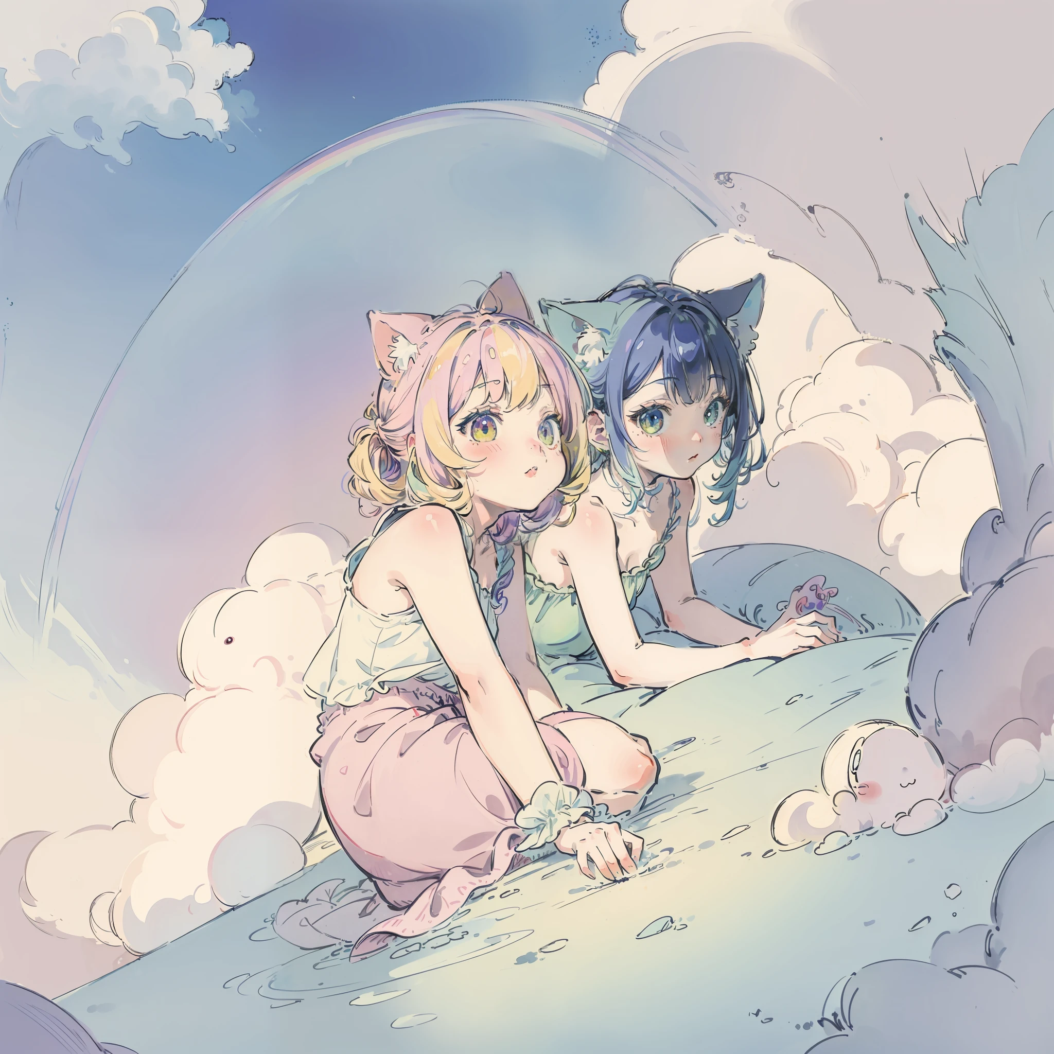 Yumekawa 、Cute as a dream、a pale、Moya、blanche(masterpiece、top-quality、top-quality、watercolor paiting(Curly)、Take a cute cat、Official art、Beautifully Aesthetic:1.2)、(a beauty girl:1.3)、patterns、(rainbow-colored hair、colourful hair:1.2)、Soap bubbles、Rainbow behind、clouds、colourfull、Soap bubbles、Hair spreads throughout、kawaii、pastels、Large ribbon、Lovely room、Rainbow Cat Plush Toy