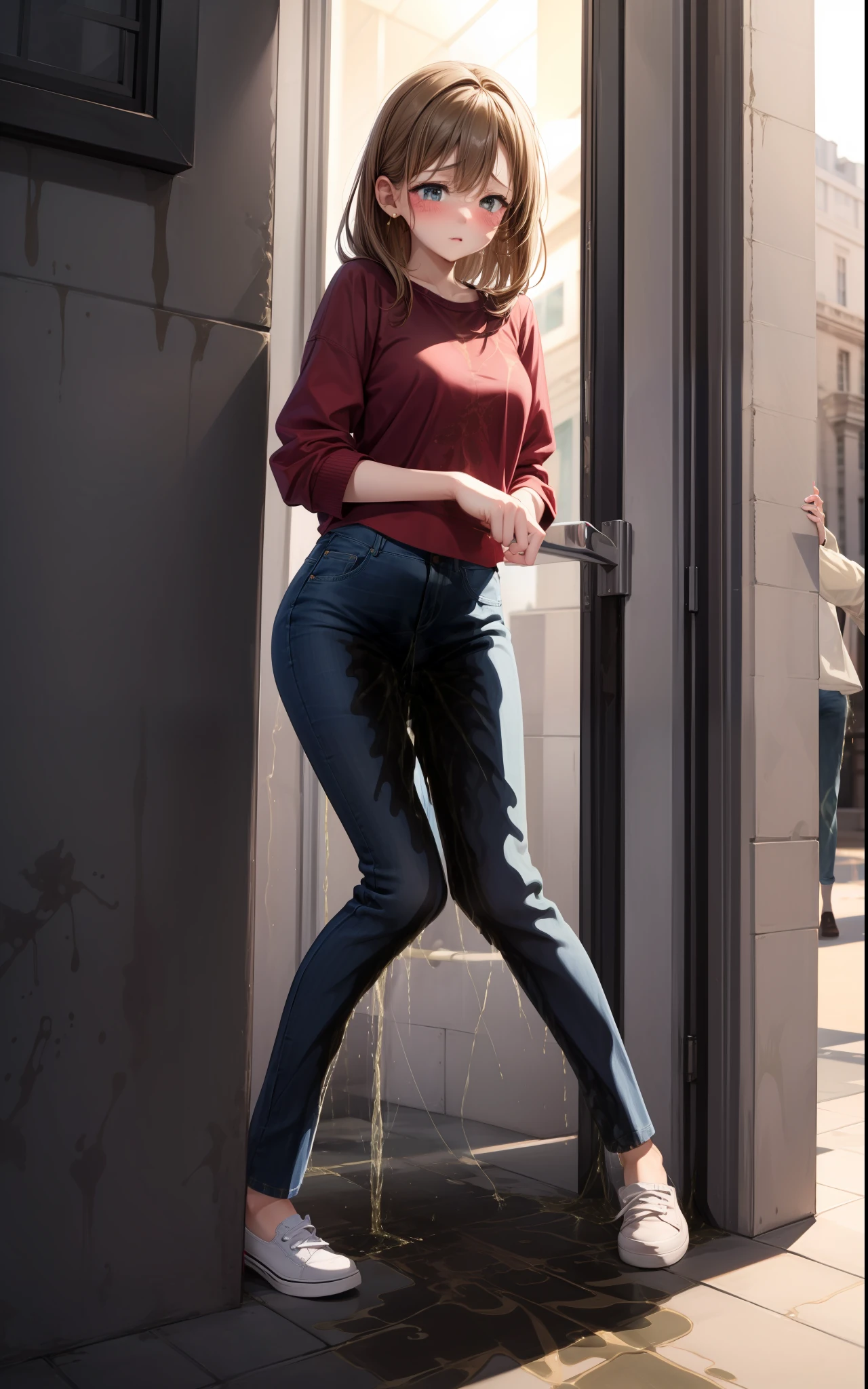nsfw, masterpiece, best quality, high resolution, (3girls), 20 years old, (blue jeans pants), full body, blush, worried, city park, ((((((pee stain))))))