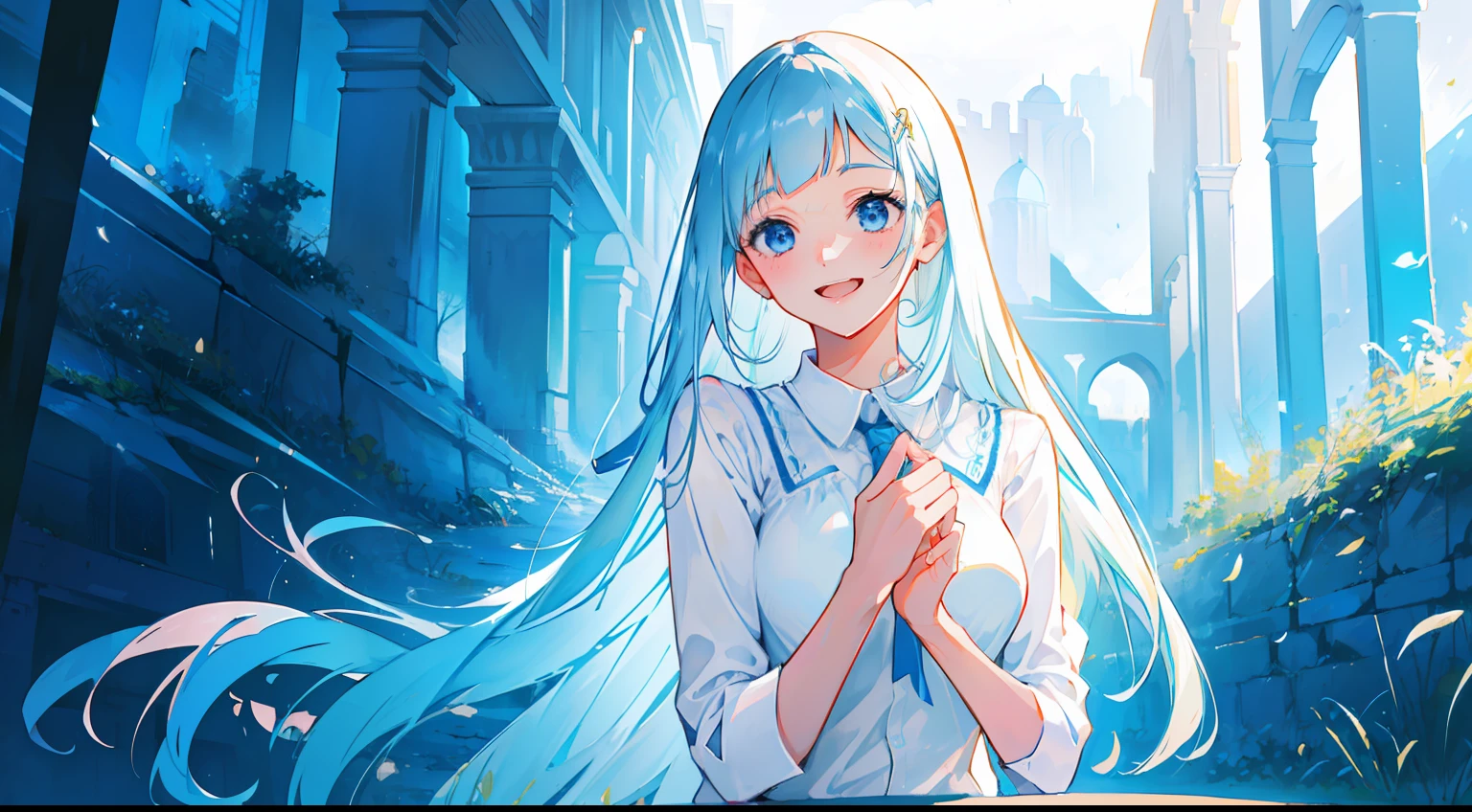 masterpiece,gorgeous, high details,1girl, traced lights,wallpaper, blue eyes,happy, laughing, laugh, cute, femine, delicate, ancient, ruins detailedbckground,colorfull, innocent, cozy, intimate BREAK miwakasumi, light_blue_hair,blunt bangs, long hair, nature BREAK white shirt