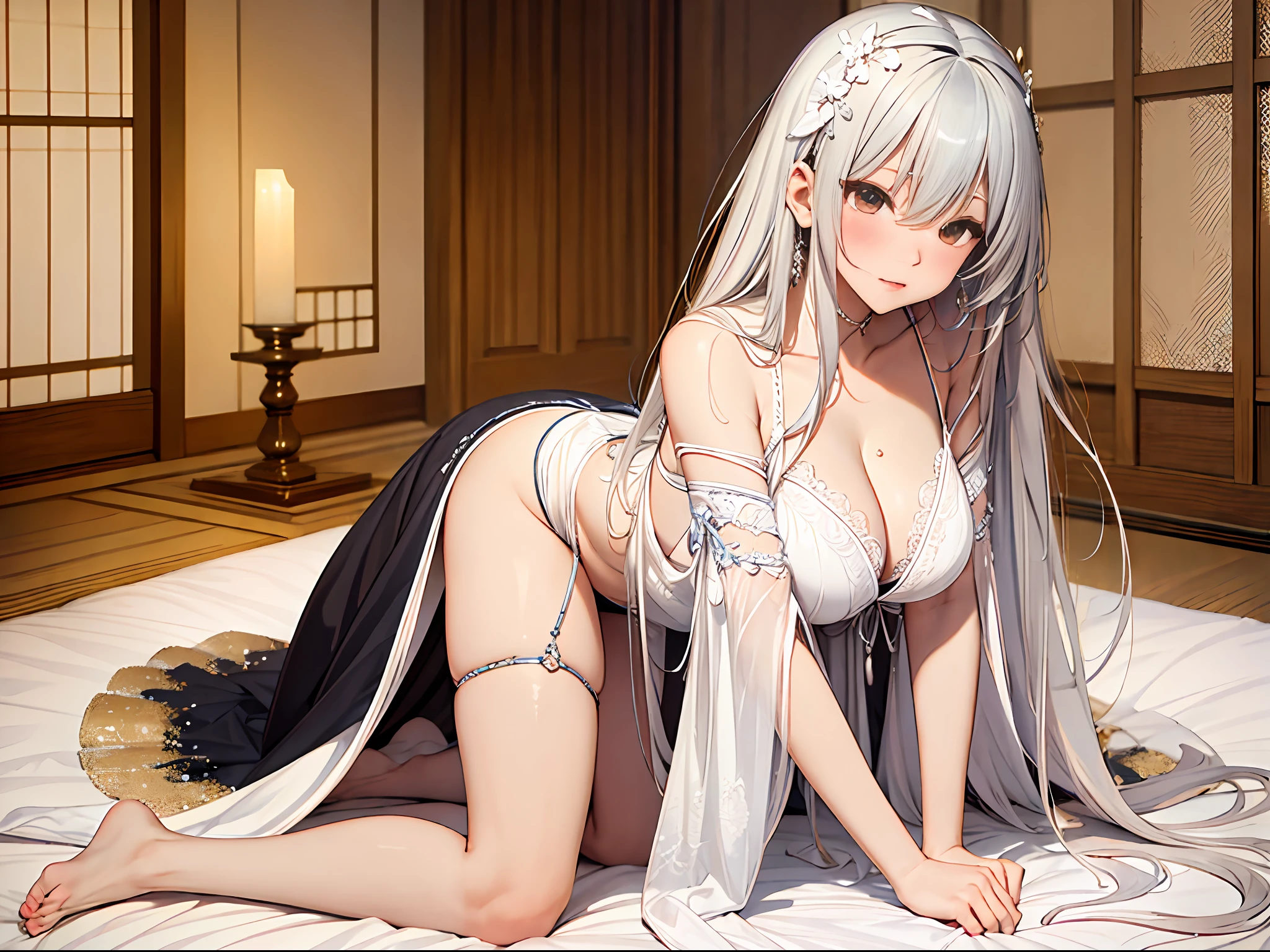 (Enrich the picture,Masterpiece level quality)Beautiful 8K CG artwork,Goddess-like posture,Kneeling exercise,Slim and soft,Translucent skin,White hair、The beauty of extra-long hair, Super Long Straight Hair,The skin is fair and juicy,Big JK Uniform,Perspective Part 1.2x enhanced silhouette effect,Exquisite transparent blues pattern in pajamas,The details are intricate and exquisite,The background is slightly blurred,Charming and lustful leg seduction,Drool,Extra-large big breasts,Blush,Japan goddess,