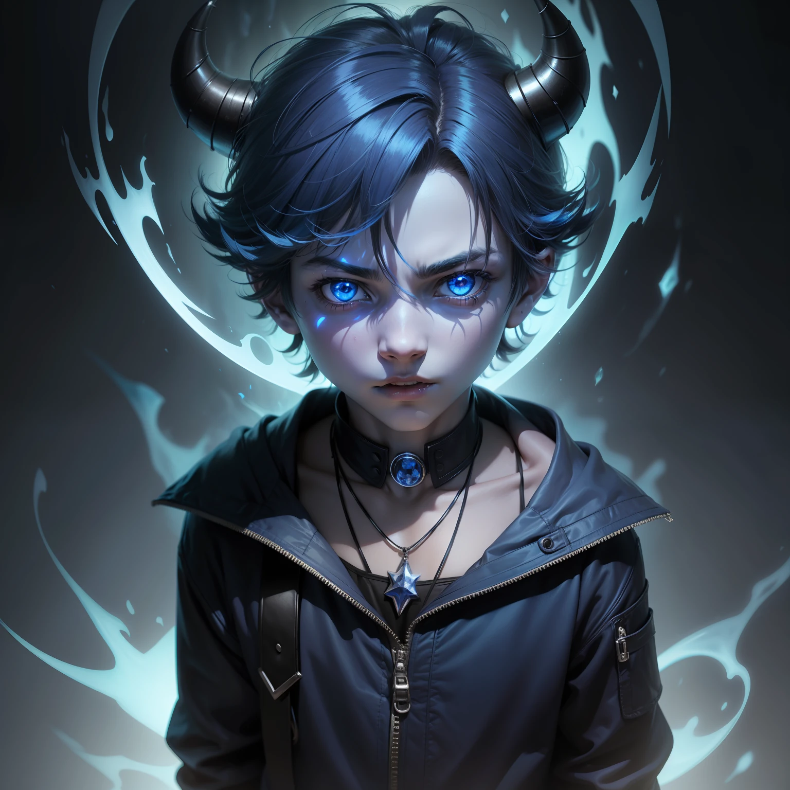A boy with a blue aura and demonic horns