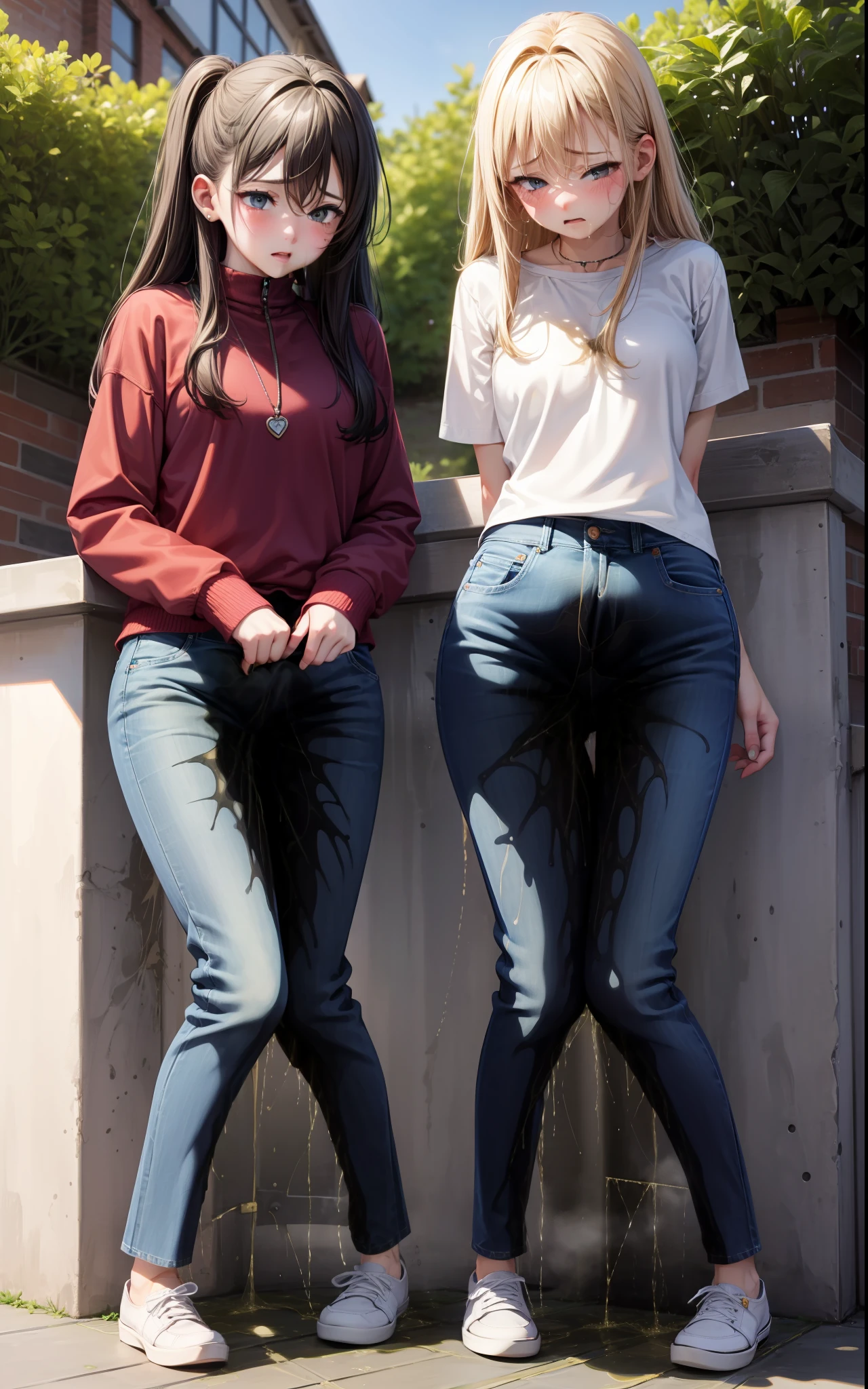 nsfw, masterpiece, best quality, high resolution, (3girls), 20 years old, (blue jeans pants), full body, blush, worried, city park, ((((((pee stain))))))