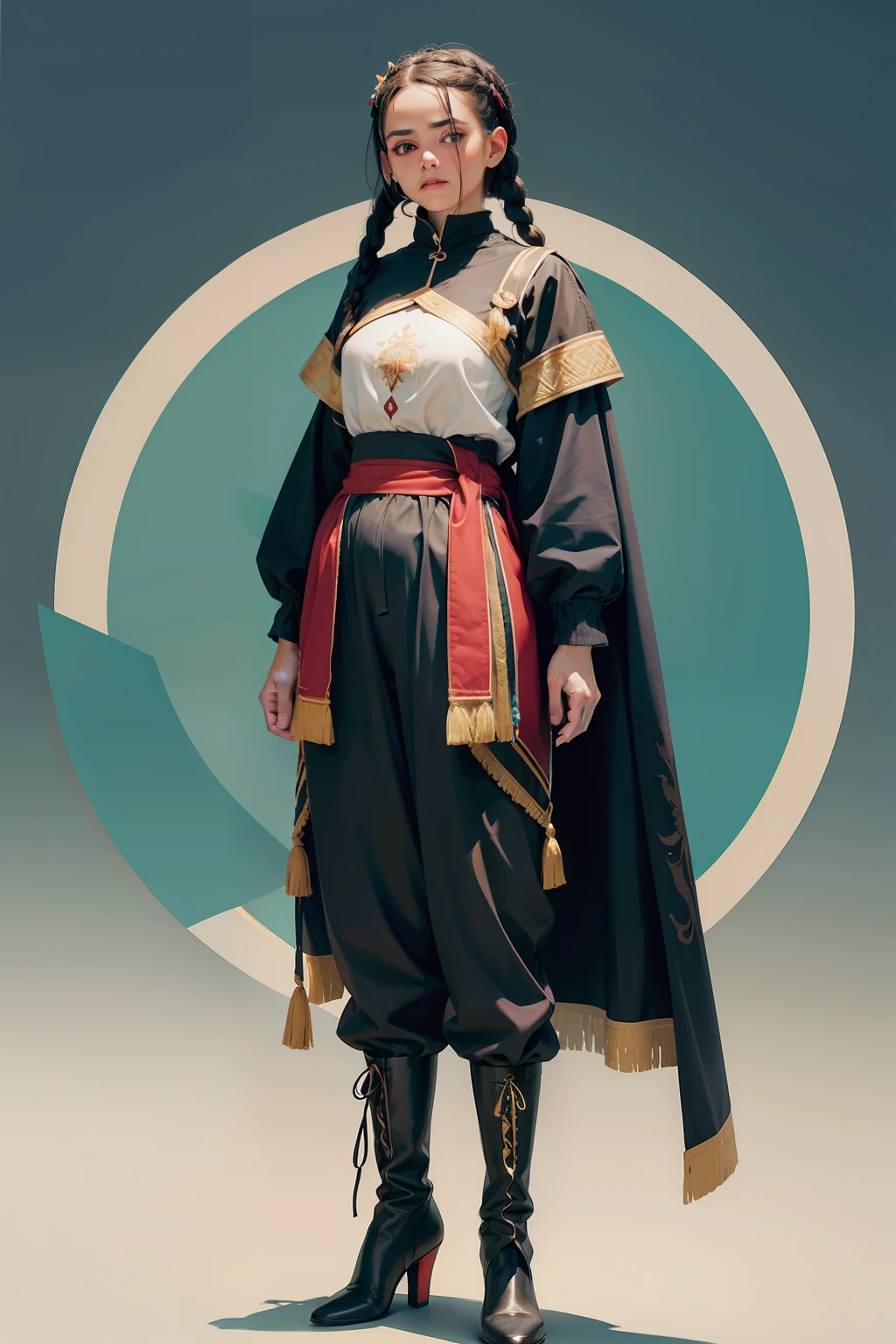 realista, mulher 50 anos, meia idade, Braided black hair, plaits, peruana, cabelo com enfeites coloridos, Manto medieval verde com detalhes em prata, roupa extravagante, Armadura prateada, Armadura medieval, guerreira, Pants, Botas, corpo todo, corpo inteiro, sem fundo