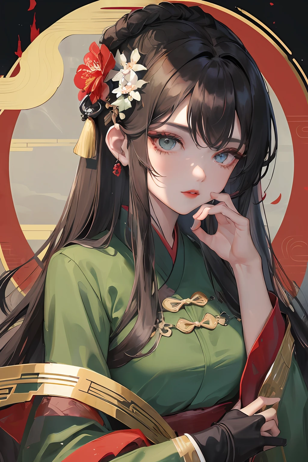 Masterpiece, Best quality, Night, full moon, 1 girl, Mature woman, Chinese style, Ancient China, sister, Royal Sister, Cold expression, Expressionless face, cabelos preto e longos, Redlip, calm, Intellectual, tribelt, blackigeyes, assassins, flower ball background, Tang style green Hanfu,Green clothes,hair black