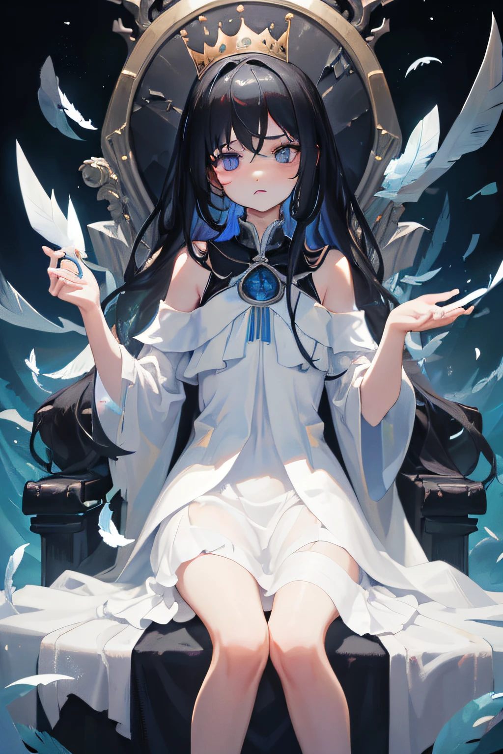 (((masterpiece))),best quality, illustration,(beautiful detailed girl), a boy ,solo,bare shoulders,flat_chst,diamond and glaring eyes,beautiful detailed cold face,very long blue and sliver hair,floaing black feathers,wavy hair,black and white sleeves,gold and sliver fringes,a (blackhole) behind the boy,a silver triple crown inlaid with obsidian,(sit) on the black ((throne)), (depth) of (field)
