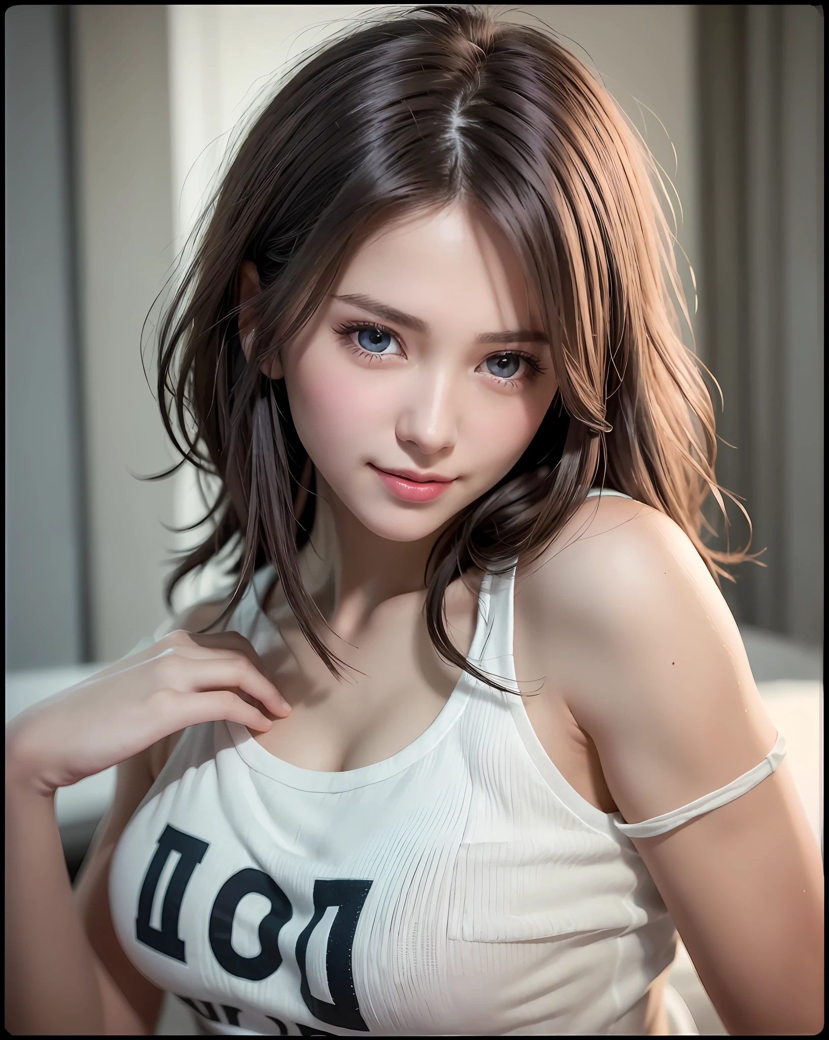 Best Quality, Ultra High Resolution, (Photorealistic: 1.4), Beautiful Eyes, Super Beautiful, Very Short Hair, Beautiful, Sweetheart, T-shirt with Rough Chest, Beautiful Soldier, Eyes That Invite Viewer, Lover's Perspective, Inviting Expression, Sexy Smile, Perfect Style, Perfect Balance, Detailed Skin, Naughty Gaze, Chest Visible