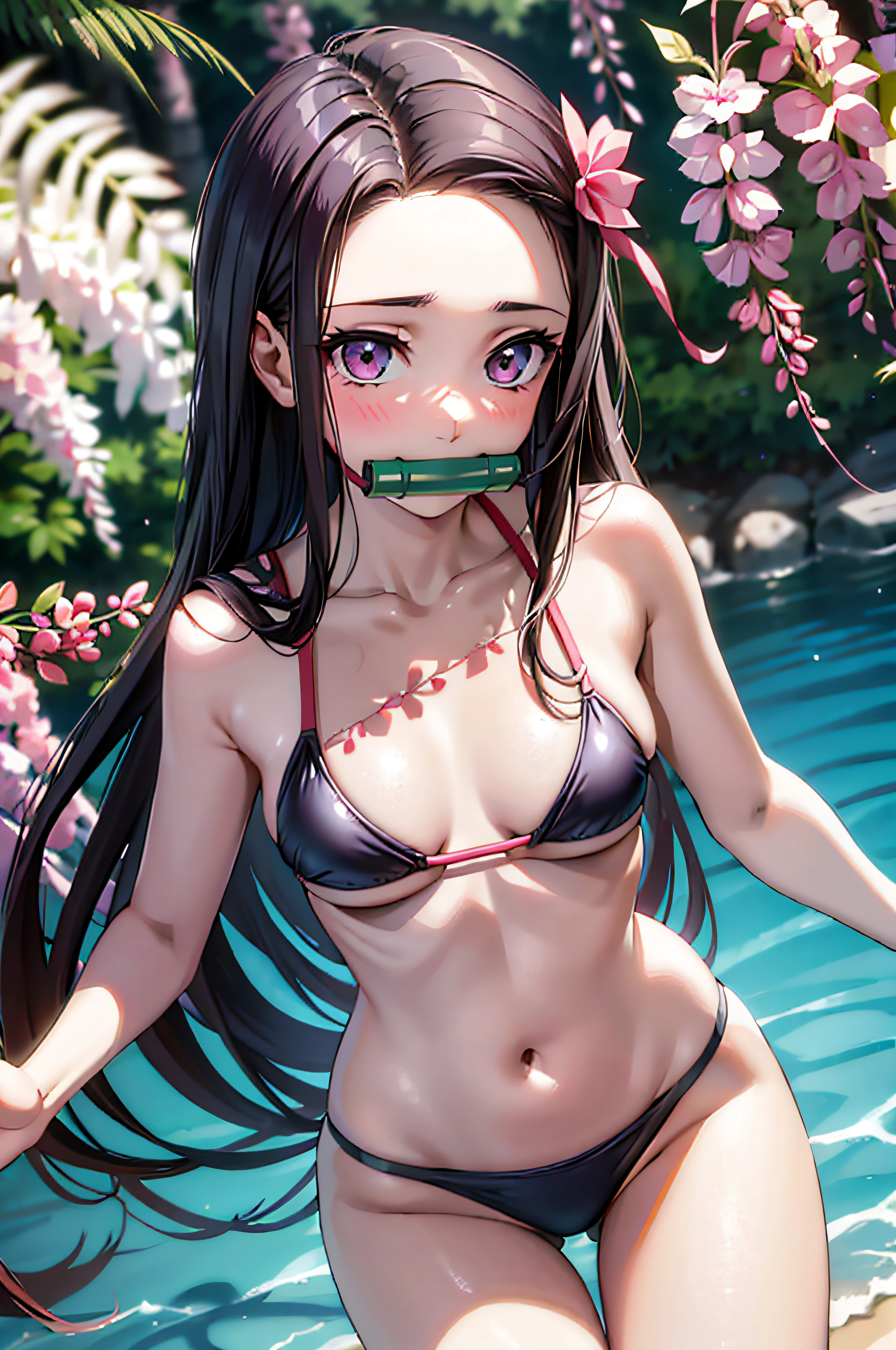 obra-prima, (quimono rosa), rosto sedutor, good ilumination, decote, seios enormes, pequenos detalhes, obra-prima, olhos brilhantes, 1girl, bikini, cabelo preto, bit gag, bambu, Nezuko Kamado, wisteria background, obra-prima, melhor qualidade, POV, corpo inteiro, quadris largos,