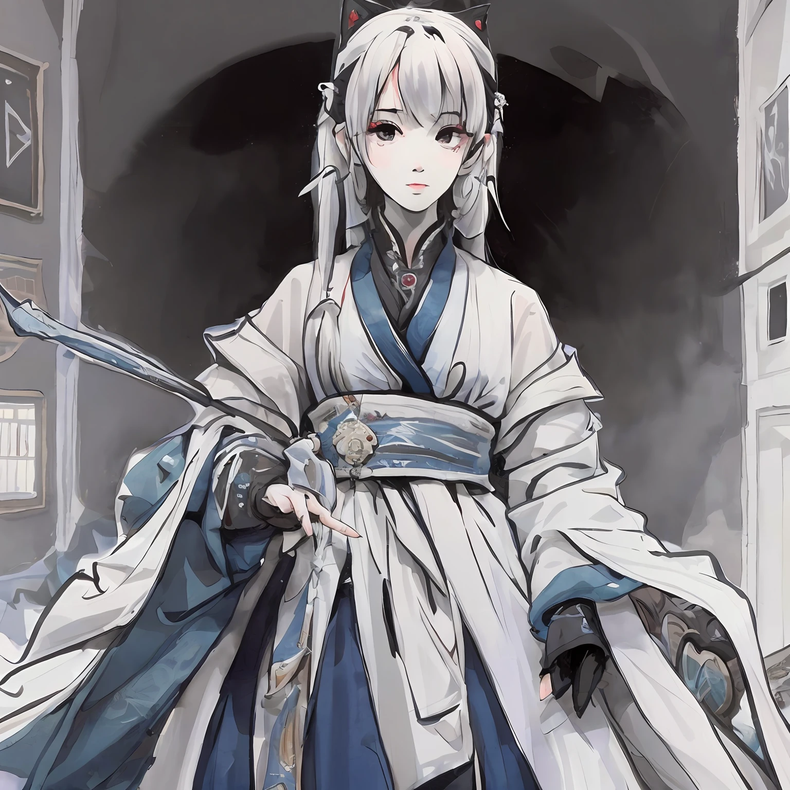 Sick boy Rich son Ancient prince All over White hair Best quality High resolution Masterpiece Holding a fan