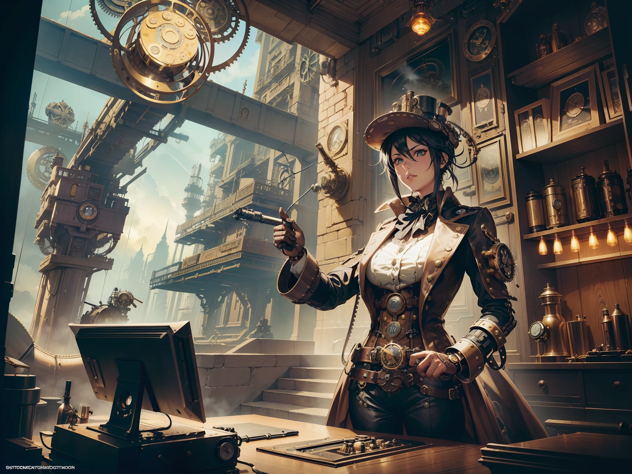 (((steampunk))). steam. ((steam-powered)), clockwork. kinetic, action-packed. futuristic, sci-fi, whimsical.vaporwave. surreal, dynamic scene of A Dr Octopus steampunk scientist, pondering the mysteries of the universe in a futuristic laboratory filled with Venom inspired steam-powered computers