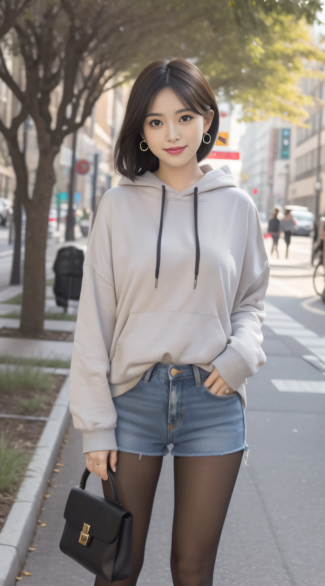 (One student 1.5),(true to life,Photorealistic 1.5),((best qualtiy, 8K, tmasterpiece:1.3)),SLR camera (二重まぶた,largeeyes:1.3),(smile1.5),(Full body photo 1.5)(One person 1.5)Clear focus 1.2, Perfect body beauty:1.4 , Delicate skin1.1,(Short black hair 1.6),(Fashion watch 1.4),(Pure desire 1.3)(Black pantyhose 1.5)(The leg length is one meter two,1.5),Gray hooded sweatshirt,denim short,high-heels,With earrings,bangle,Park under the banyan tree