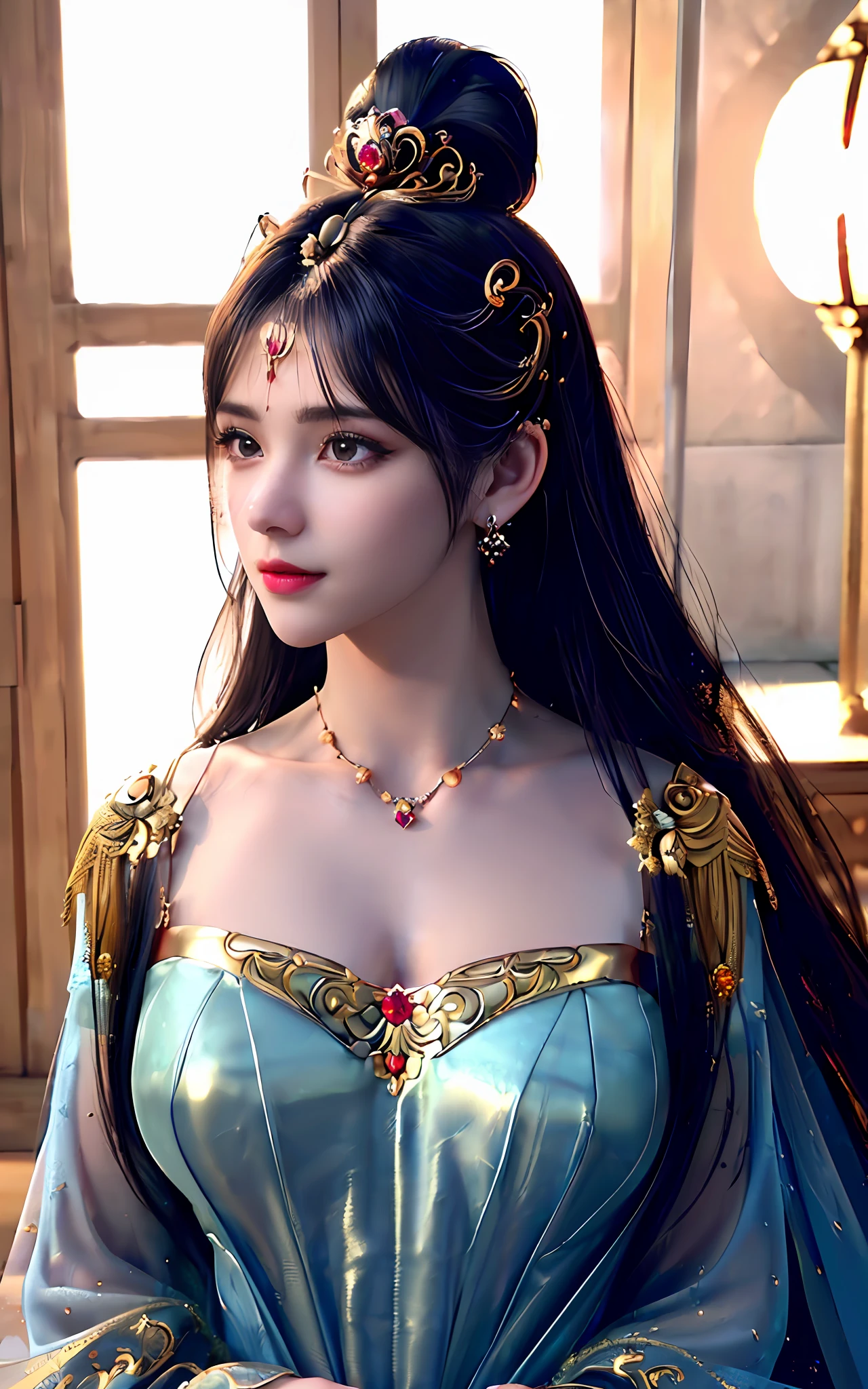 ((realisticity: 1.2)), ((best resolution: 8K UHD)), best quality,masterpiece,highres,cg,
((1 super detailed and super realistic girl)), ((very beautiful queen dazzling, super realistic, and super detailed)),((white skin, beautiful, smooth, youthful, super realistic and super detailed
)), long hair, ((super realistic and super detailed dress)), solo, ((super realistic, super beautiful, gorgeous and super detailed jewelry)), ((super beautiful, super realistic and super detailed dark red and golden yellow dress)),
((super beautiful, super realistic, super detailed diamond filled earrings)),
  ((super beautiful, super realistic and super detailed diamond filled hair ornament)), ((super beautiful upper body, super beautiful, super realistic and super detailed)), ((big breasts: 2.5)), 
((super grand, super realistic and super detailed royal palace backgroun))
((super beautiful, super beautiful, super realistic and super detailed hair bun)), ((super beautiful, super realistic and super detailed blue hair)),
candid, Photograph, high resolution, 8k,Bokeh,