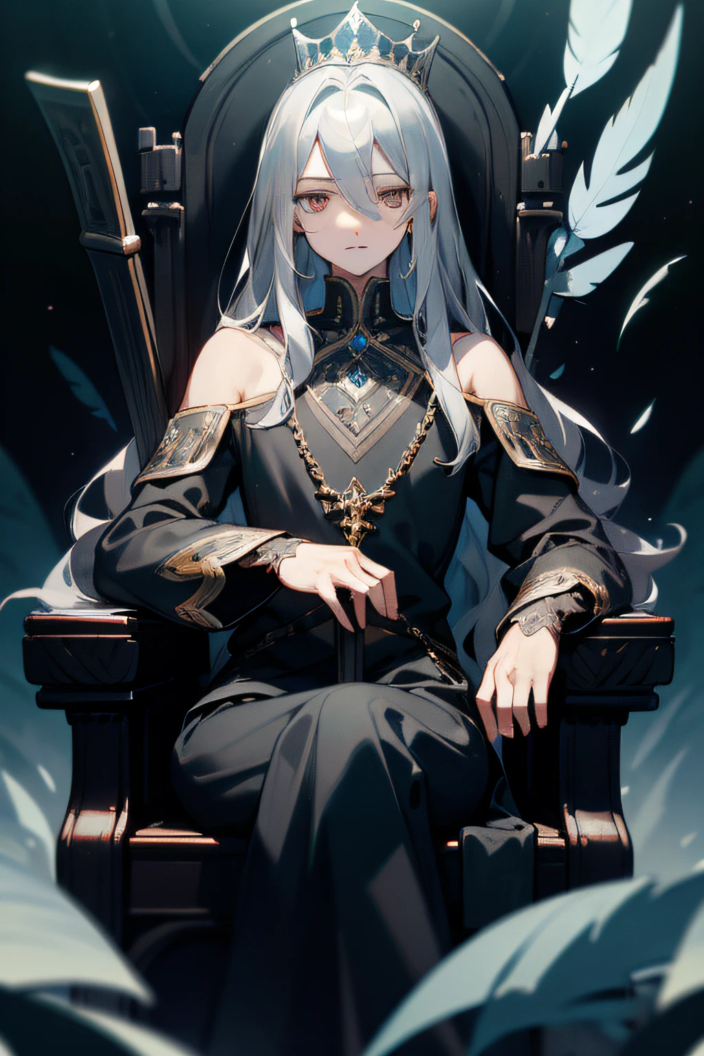 (((masterpiece))),best quality, illustration,(beautiful detailed boy), a boy ,solo,bare shoulders,flat_chst,diamond and glaring eyes,beautiful detailed cold face,very long blue and sliver hair,floaing black feathers,wavy hair,black and white sleeves,gold and sliver fringes,a (blackhole) behind the boy,a silver triple crown inlaid with obsidian,(sit) on the black ((throne)), (depth) of (field)