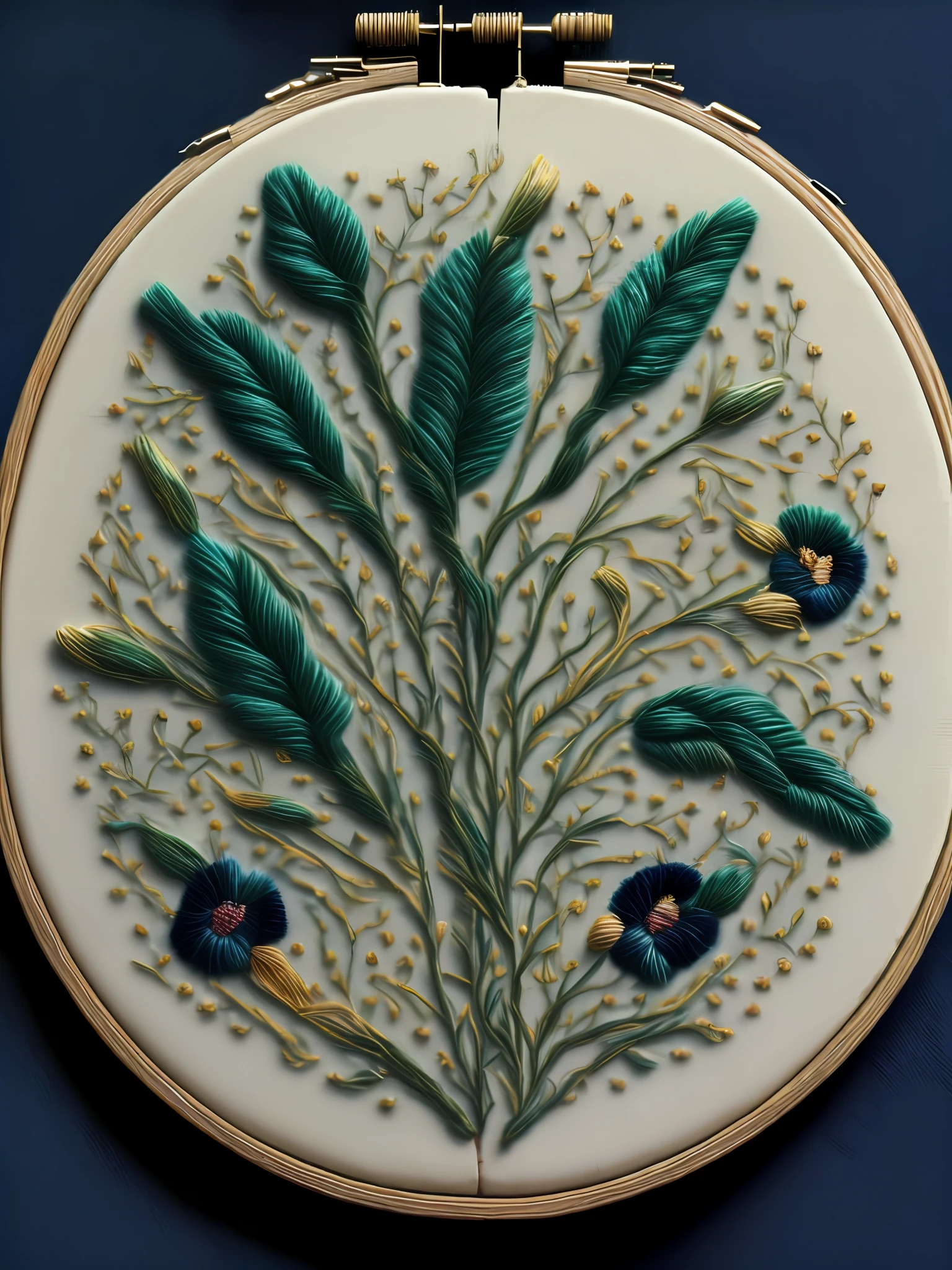 NEEDLEPOINT style macro photo of ivory silk material, lit from the side, with embroidered Mtis floral patterns, blue flax, photographed hyper realistic, ARRIFLEX 35mm