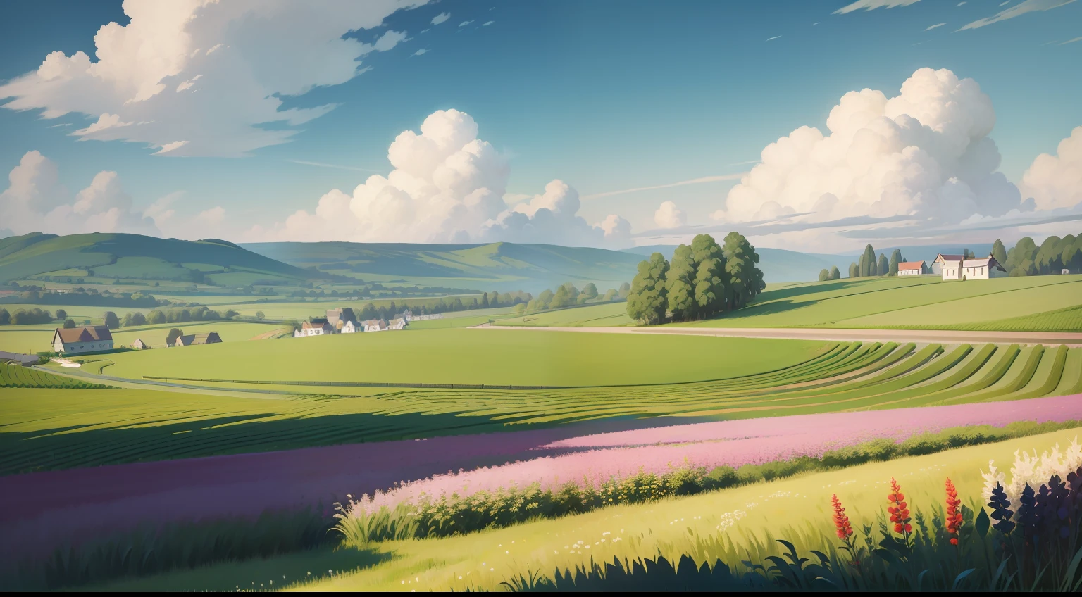 Monet，scenecy，High detail，夏天，heal，grassy fields，​​clouds，Lazy，tmasterpiece，high qulity