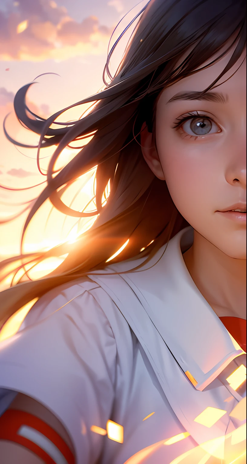 masterpiece, best quality, movie still, 1girl, cloud girl, floating in the sky, close-up, bright, happy, warm soft lighting, sunset, (sparks:0.7)