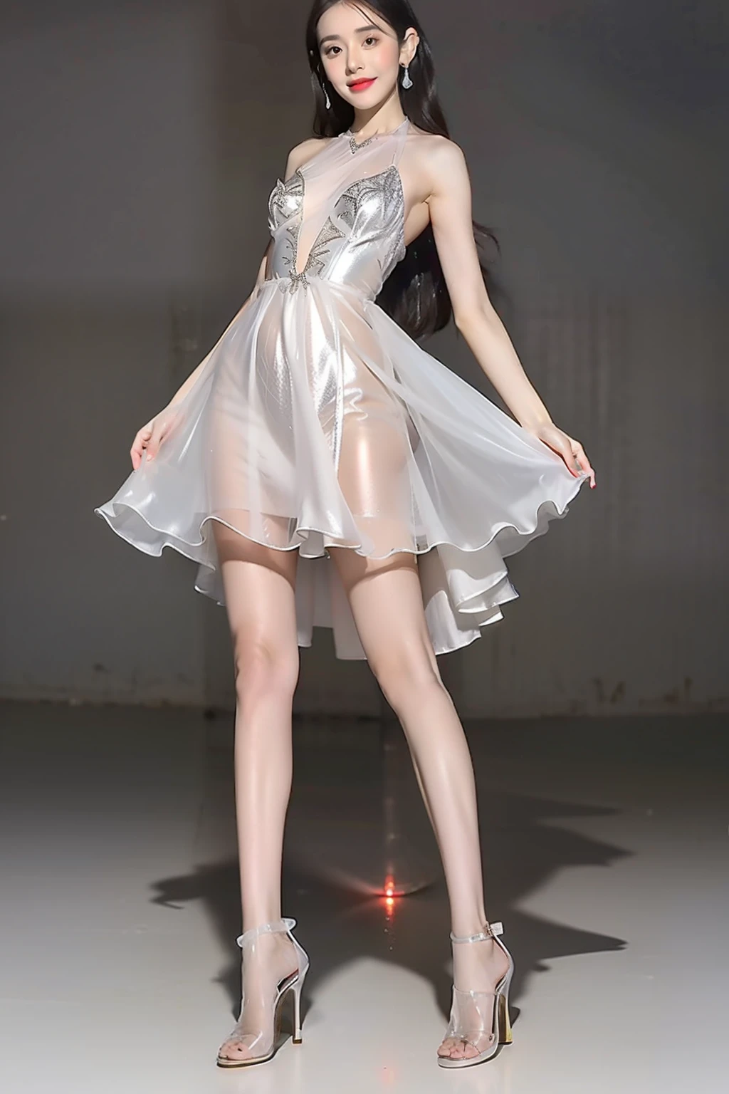 araffe posing in a silver dress and red high heels, translucent dress, wearing a wet white short dress, full body xianxia, jia, wearing silver dress, in a glowing skirt, transparent gray dress, light dress, wearing translucent sheet, with glowing lights at night, sha xi, tight dress, smooth translucent white skin, skintight dress