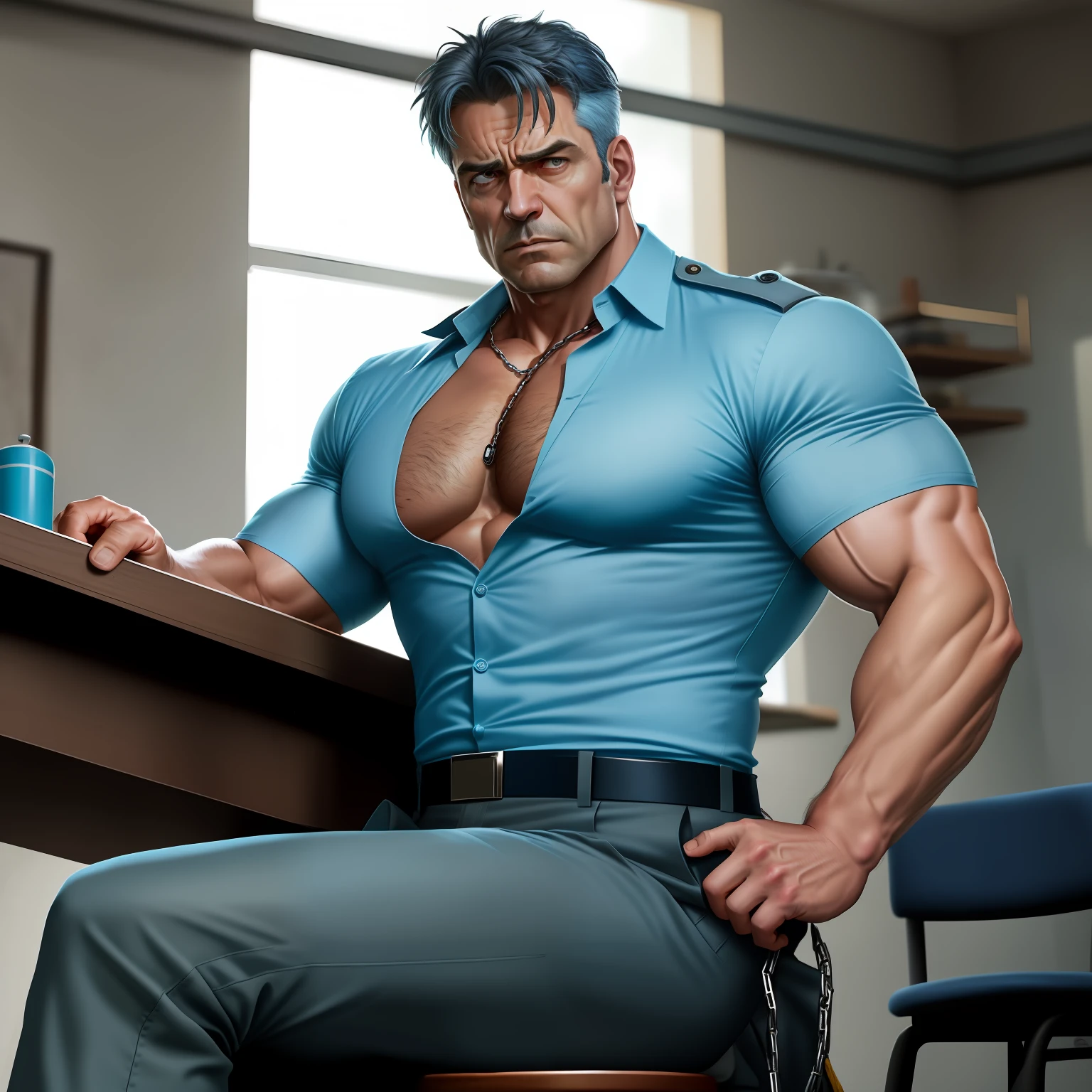 The male uncle Banner in the Avengers，Wearing a light blue police uniform shirt，shirt open，Show strong pectoral muscles，Hands tied，sitting on a stool，The thighs are peeled apart，The trouser chain is pulled undone，Shorts are exposed，Be red in the face，Very disdainful