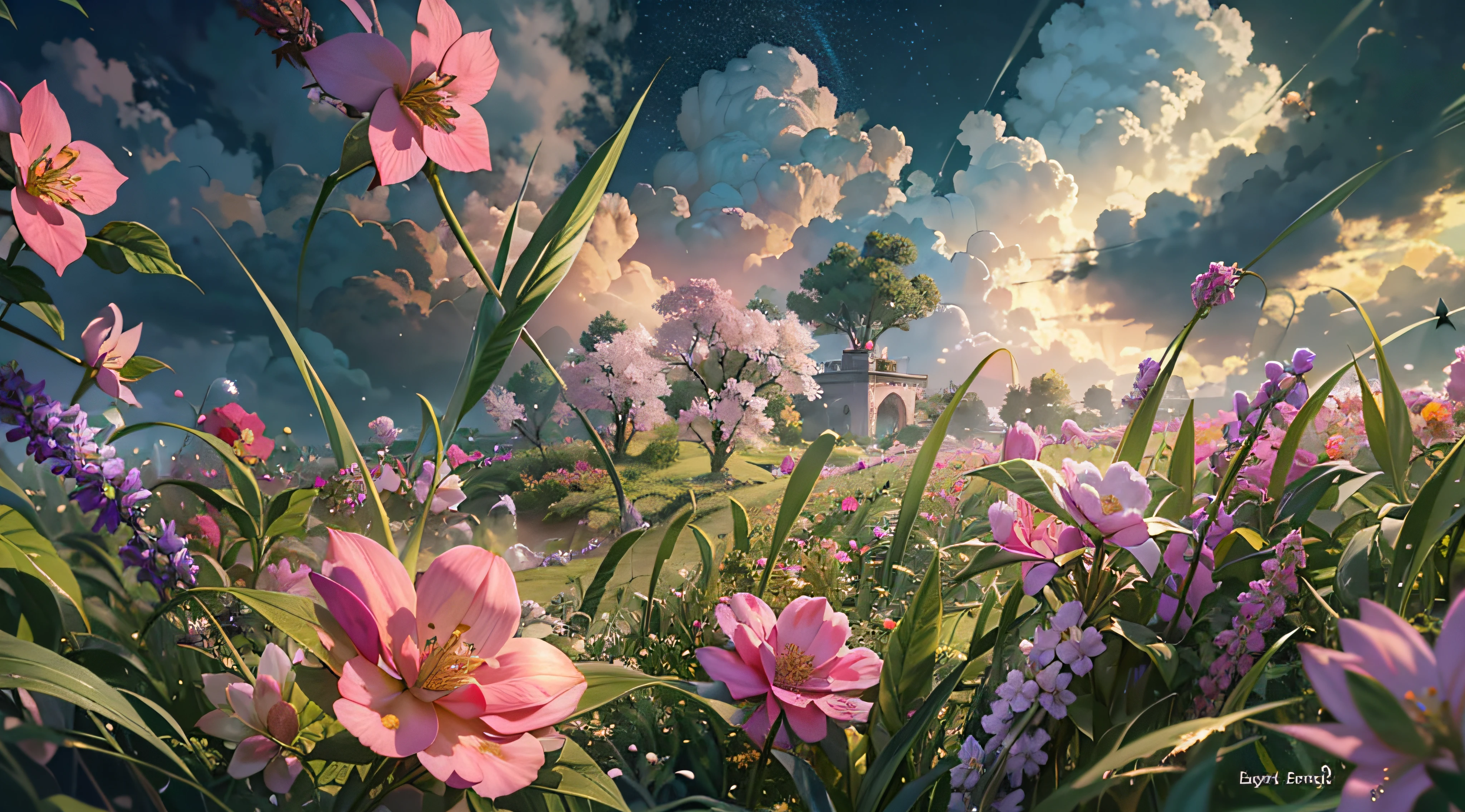 （Ultra-fine CG unity 8k wallpaper，tmasterpiece，best qualtiy，ultra - detailed），（best illuminate，best shadow，Extremely refined and beautiful），，（Go to bed），（Beautiful grass），（​​clouds）， （colorful flower）