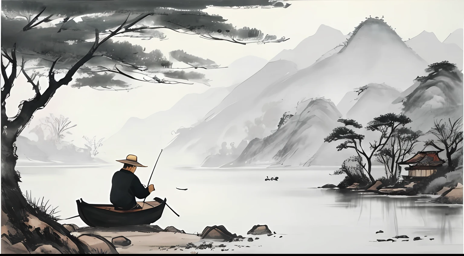 Drawing an old man fishing in a broken boat in a small river，The background is a snowy scene, Traditional Chinese Ink Painting, Traditional Chinese art, author：Guo Xi, author：Ma Yuanyu, Traditional Chinese painting, author：Xu Xi, author：Luo Mu, author：Yang Buzhi, author：Li Kelan, author：Gu An, Ink painting ) ) ) ), Chinese ink painting, Chinese painting style