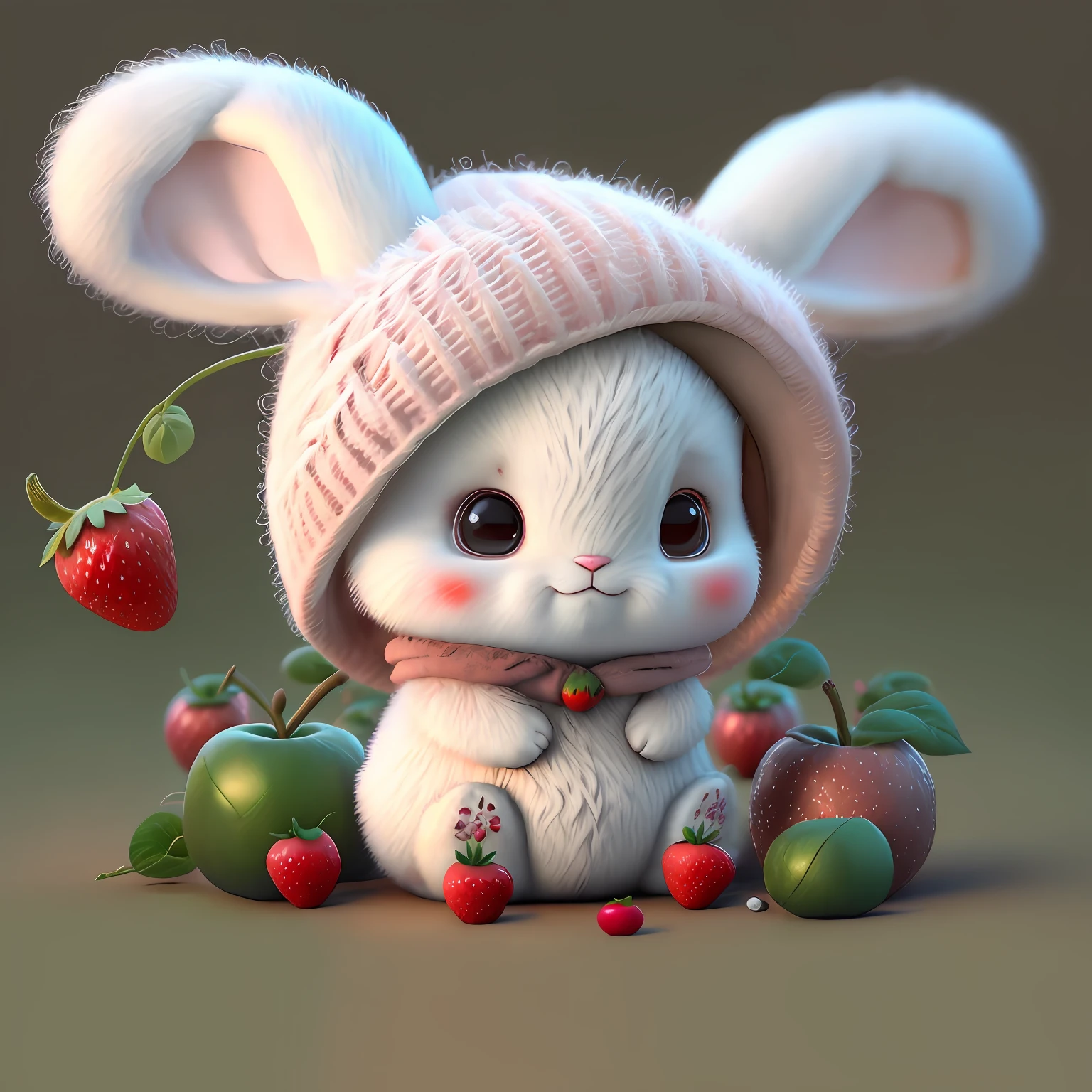 : 3. bunny, realistic, furry animal, apple, black eye, blush, cherry, food, fruit, full body, hat, non-human, strawberry, tomato, watermelon