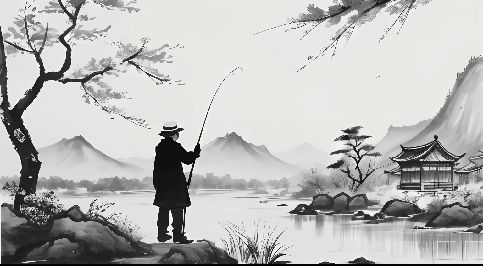 Draw an old man fishing in a small river，The background is a snowy scene, Traditional Chinese Ink Painting, Traditional Chinese art, author：Guo Xi, author：Ma Yuanyu, Traditional Chinese painting, author：Xu Xi, author：Luo Mu, author：Yang Buzhi, author：Li Kelan, author：Gu An, Ink painting ) ) ) ), Chinese ink painting, Chinese painting style