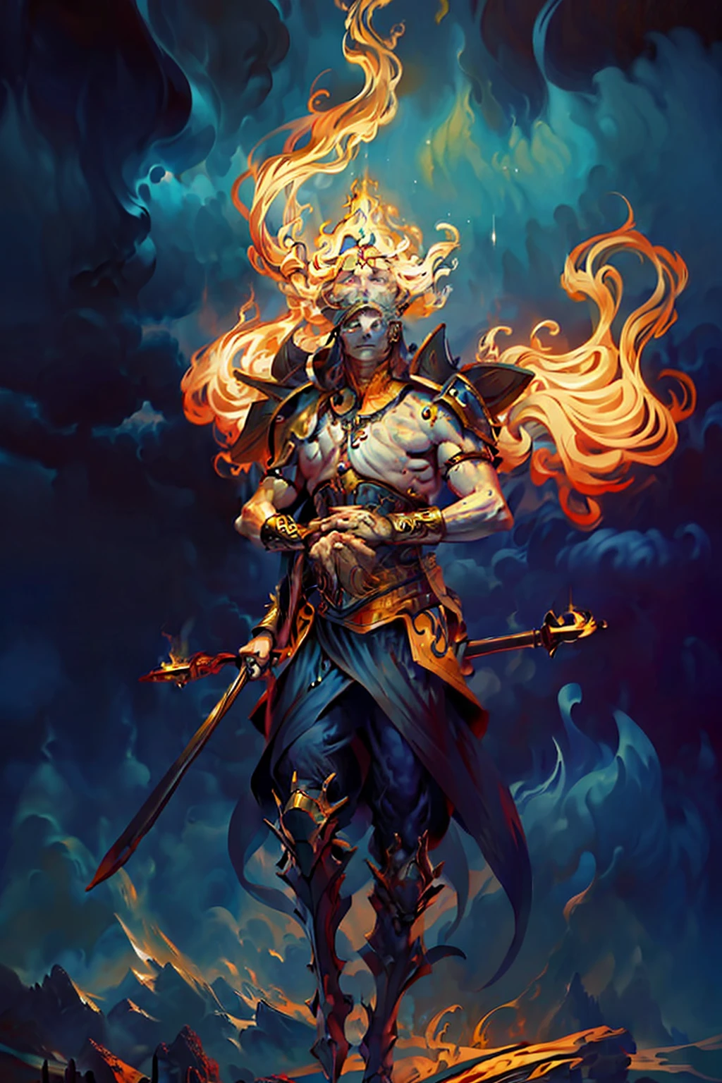 Alta qualidade, 4k, alta resolução. Deus do fogo, guerreiro imponente, flames dancing in his eyes, aura de fogo envolvendo seu corpo; carries a flaming spear; pele dourada, cabelo feito de chamas. serious face, frontal.
