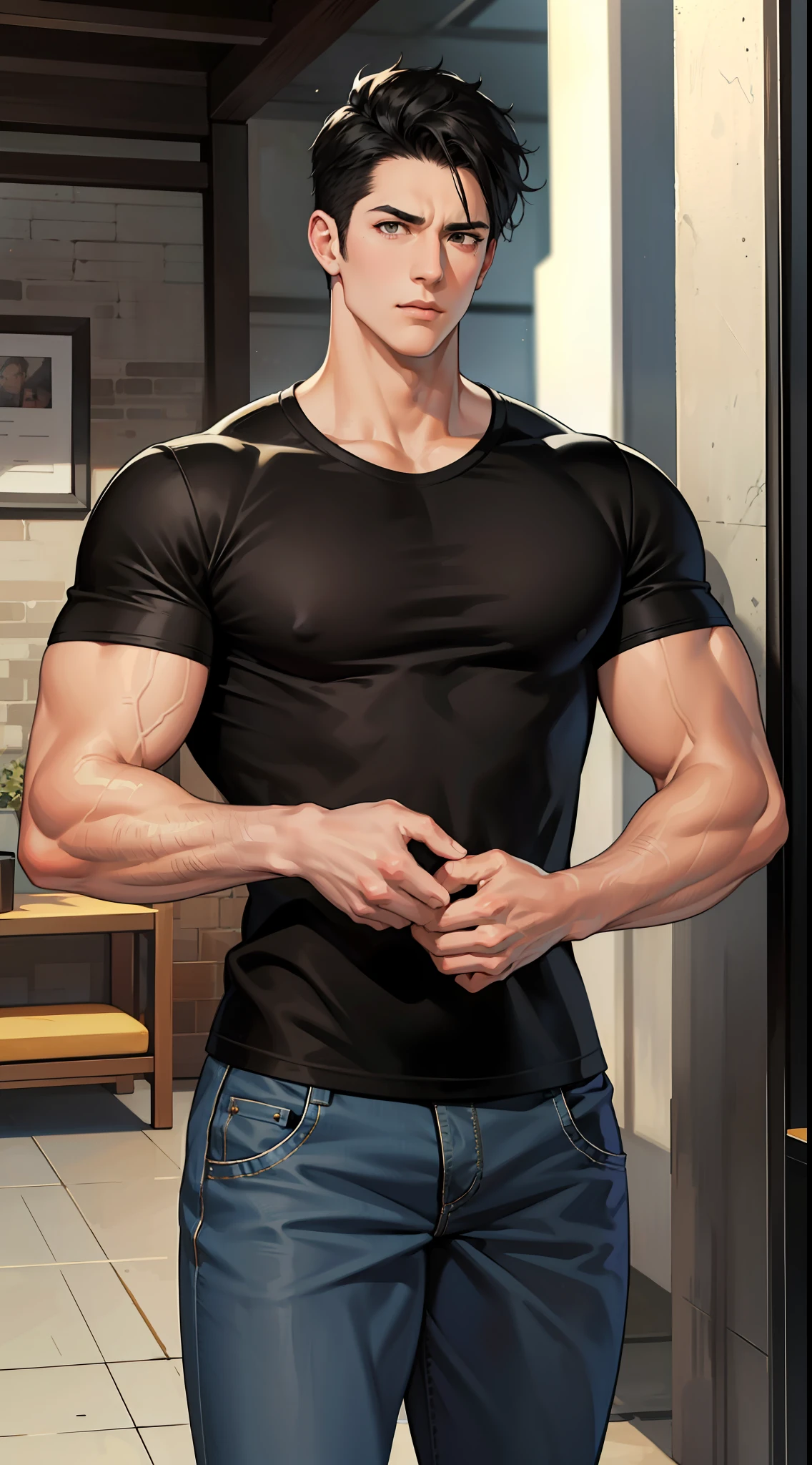 1Adult male,large tall,Black color hair,Black eyes,Thick lashes,extra very short hair,Masculinity,Handsome,The expression is serious,European and American style,Face portrait,tee shirt