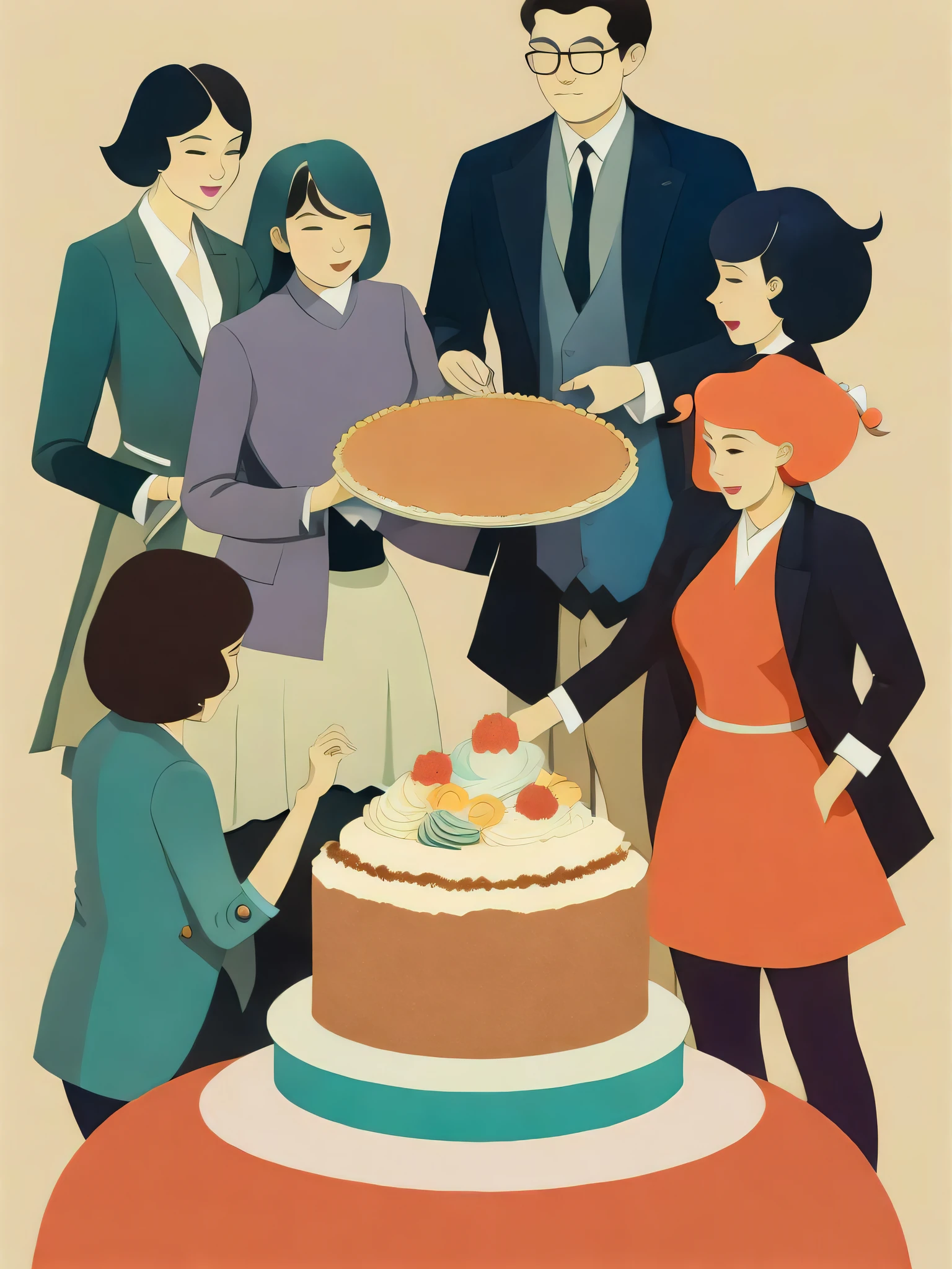 a group of people standing around a cake on a table with a woman holding a pie on top of it by Victo Ngai