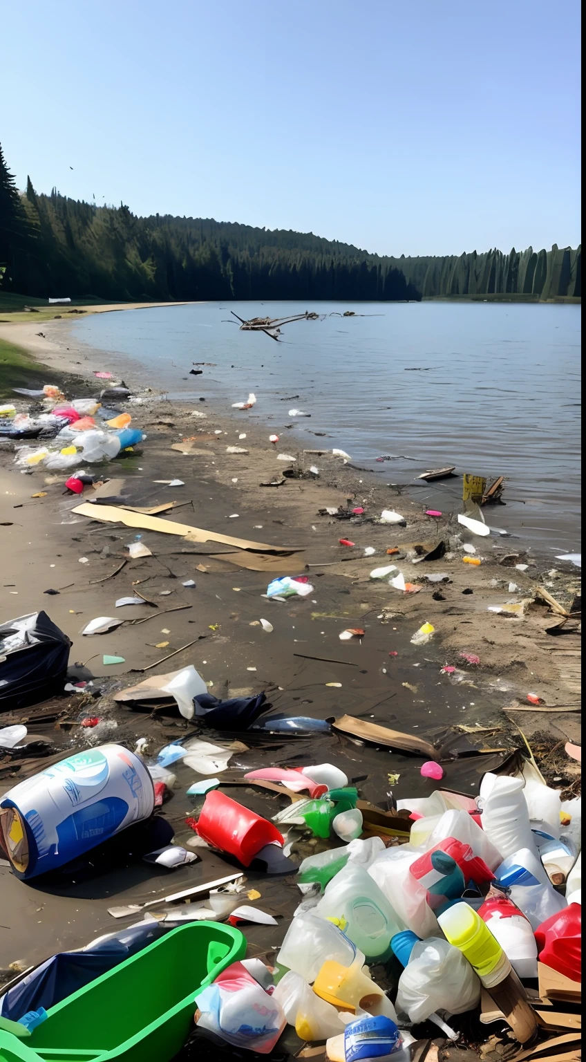 arafficial trash on the shore of a lake with trees in the background, plastic waste, scattered rubbish and debris, plastic bottles, scattered rubbish, trash scattered everywhere, garbage plastic, trash, plastic, polluted, littered with garbage, litter, pollution, littered, piles of trash, environment, waste everywhere, junk, seattle completely wasted away