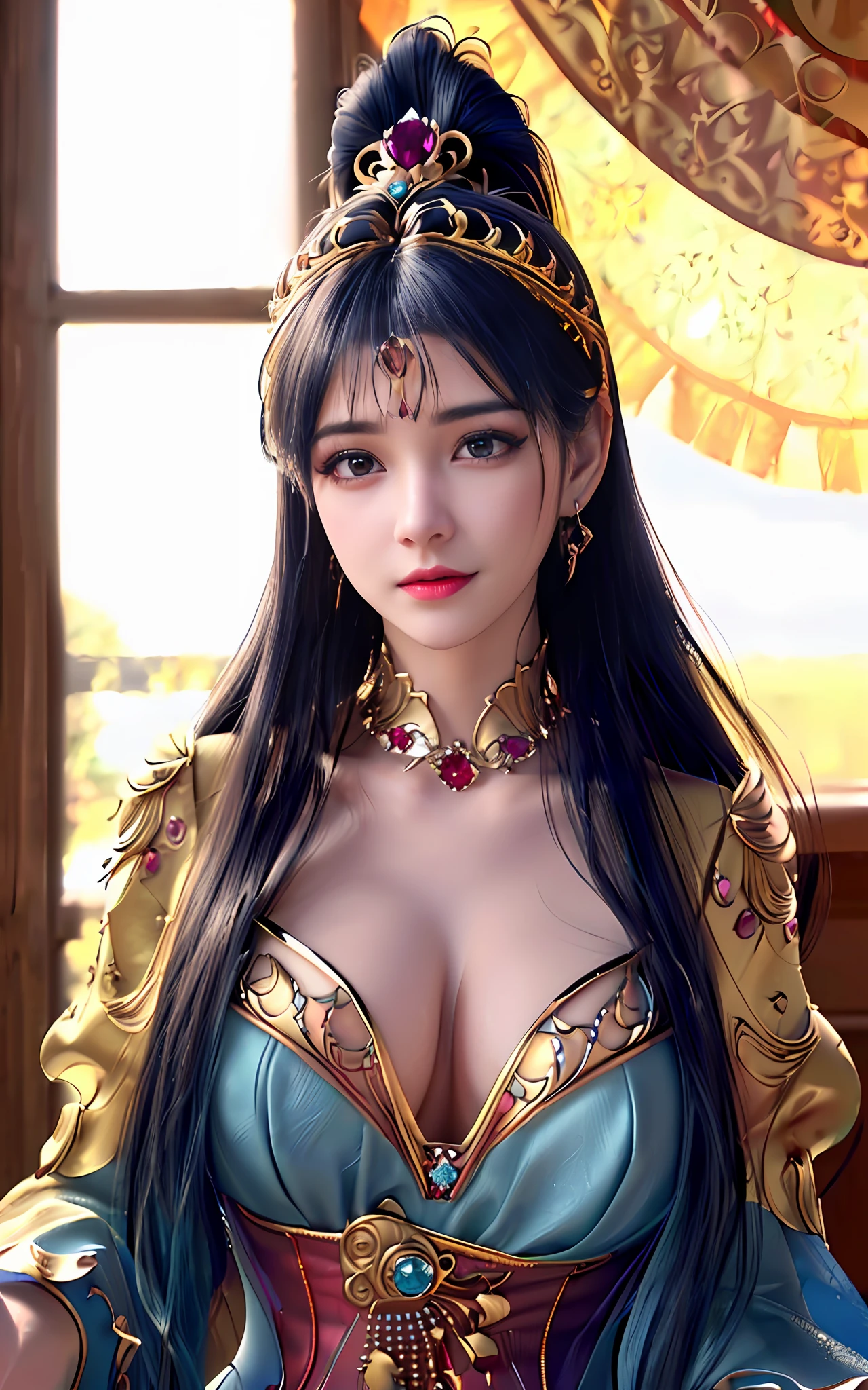 ((realisticity: 1.2)), ((best resolution: 8K UHD)), best quality,masterpiece,highres,cg,
((1 super detailed and super realistic girl)), ((very beautiful queen dazzling, super realistic, and super detailed)),((white skin, beautiful, smooth, youthful, super realistic and super detailed
)), long hair, ((super realistic and super detailed dress)), solo, ((super realistic, super beautiful, gorgeous and super detailed jewelry)), ((super beautiful, super realistic and super detailed dark red and golden yellow dress)),
((super beautiful, super realistic, super detailed diamond filled earrings)),
  ((super beautiful, super realistic and super detailed diamond filled hair ornament)), ((super beautiful upper body, super beautiful, super realistic and super detailed)), ((big breasts: 2.5)), 
((super grand, super realistic and super detailed royal palace backgroun))
((super beautiful, super beautiful, super realistic and super detailed hair bun)), ((super beautiful, super realistic and super detailed blue hair)),
candid, Photograph, high resolution, 8k,Bokeh,